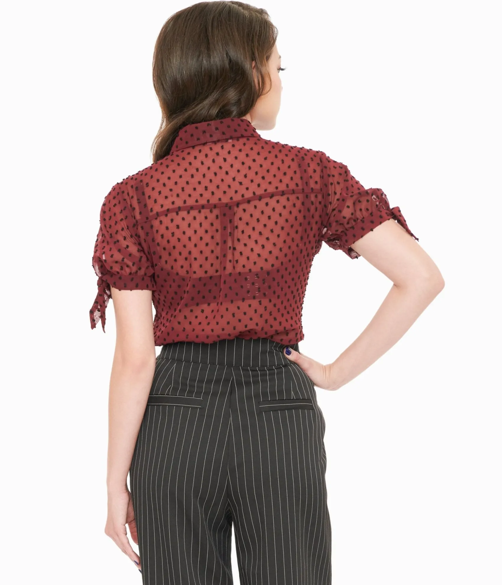 Unique Vintage 1950s Burgundy & Black Clip Dot Tie Cuff Blouse Cheap