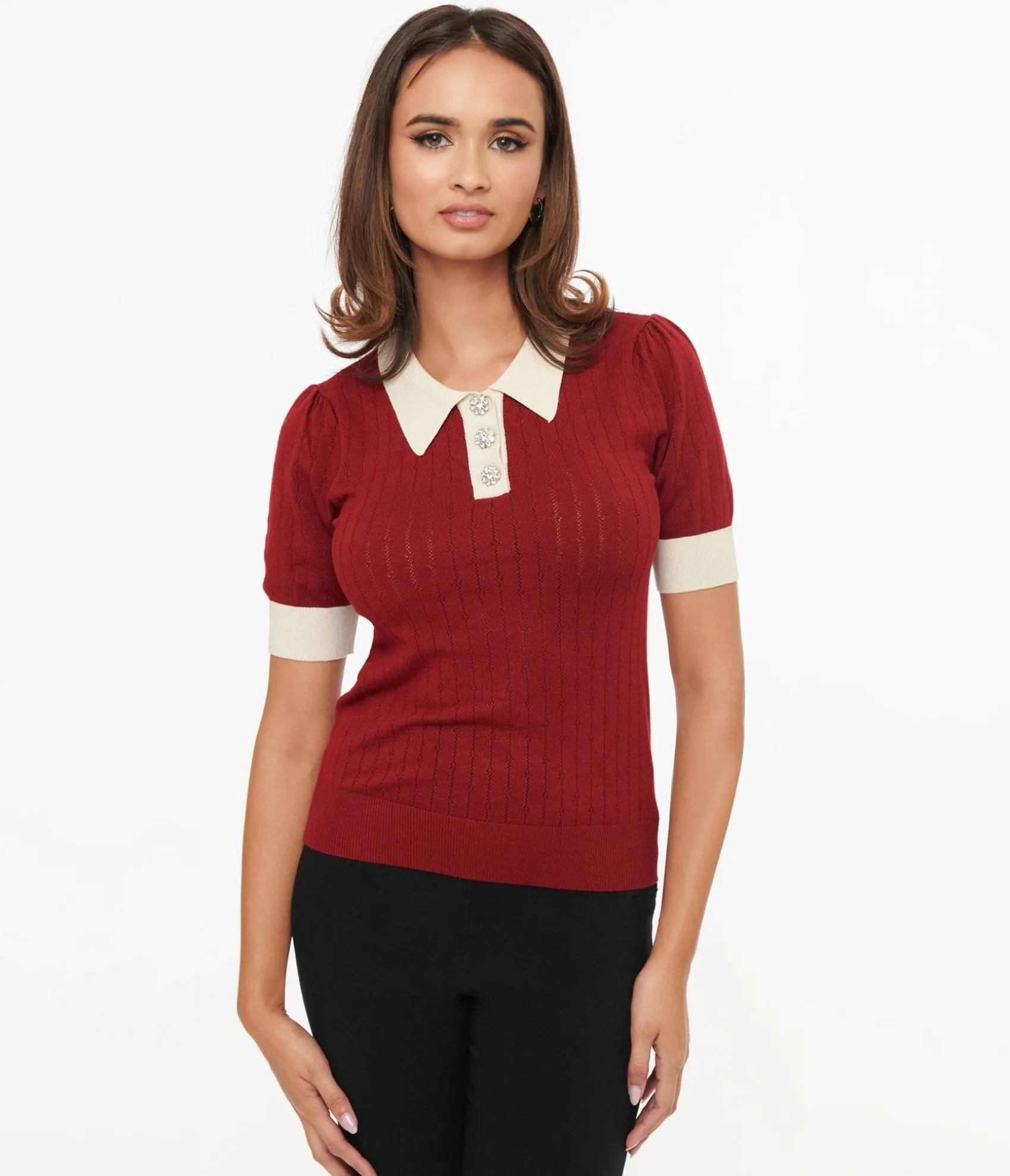 Unique Vintage 1950s Burgundy & Rhinestone Buttons Prim & Pretty Sweater Best