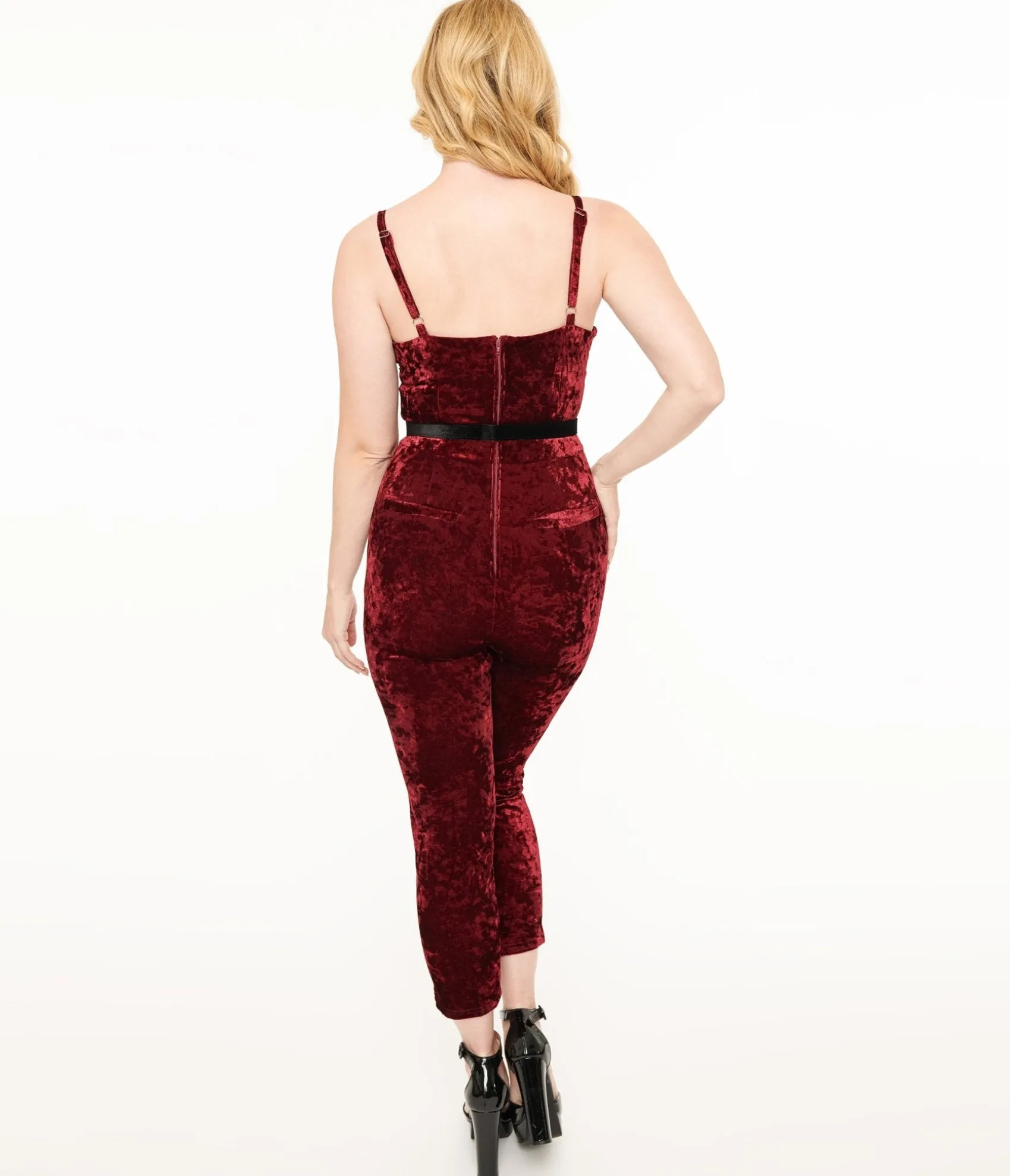 Unique Vintage 1950s Burgundy Crushed Velvet Cropped Jumpsuit Hot