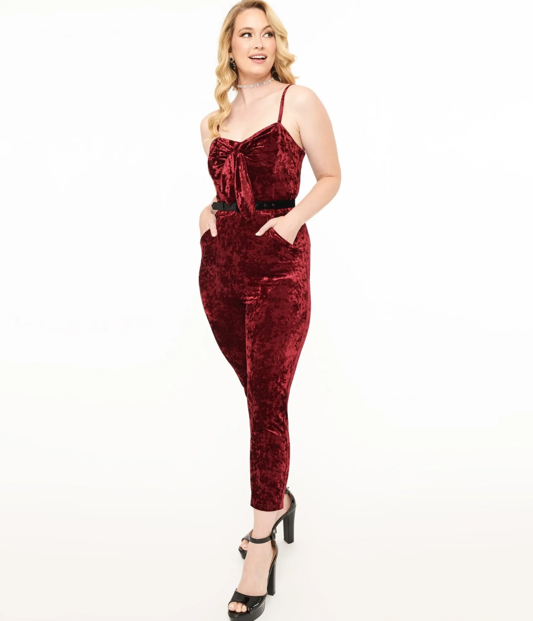 Unique Vintage 1950s Burgundy Crushed Velvet Cropped Jumpsuit Hot