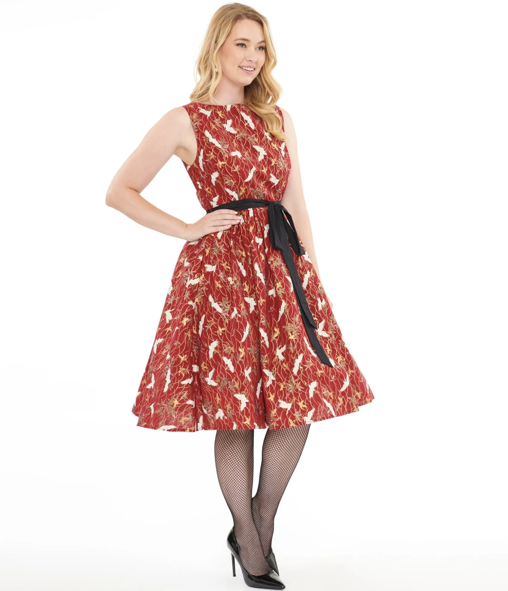 Unique Vintage 1950s Burgundy Fall Crane Sleeveless Swing Dress Online