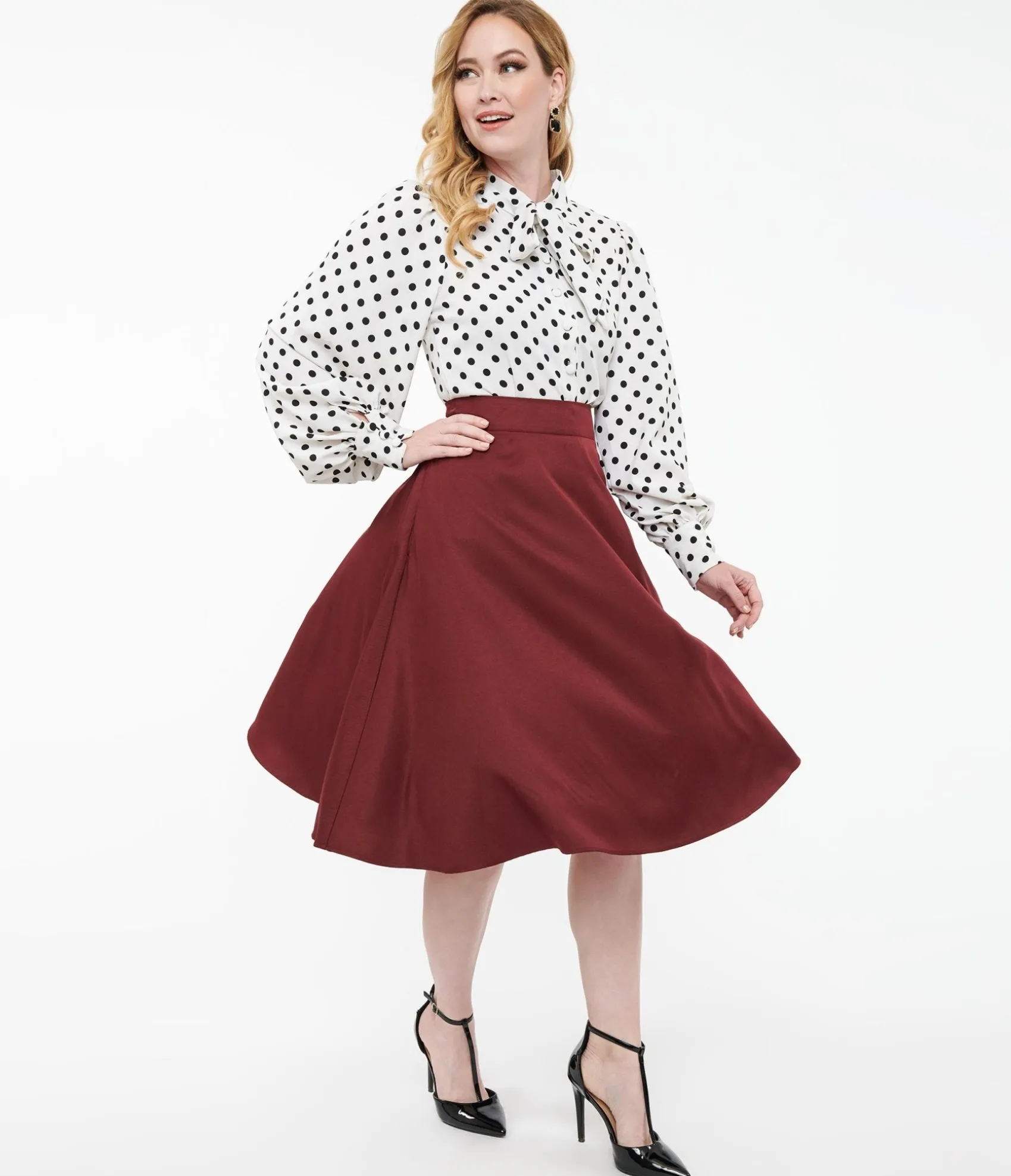 Unique Vintage 1950s Burgundy High Waist Vivien Swing Skirt Fashion