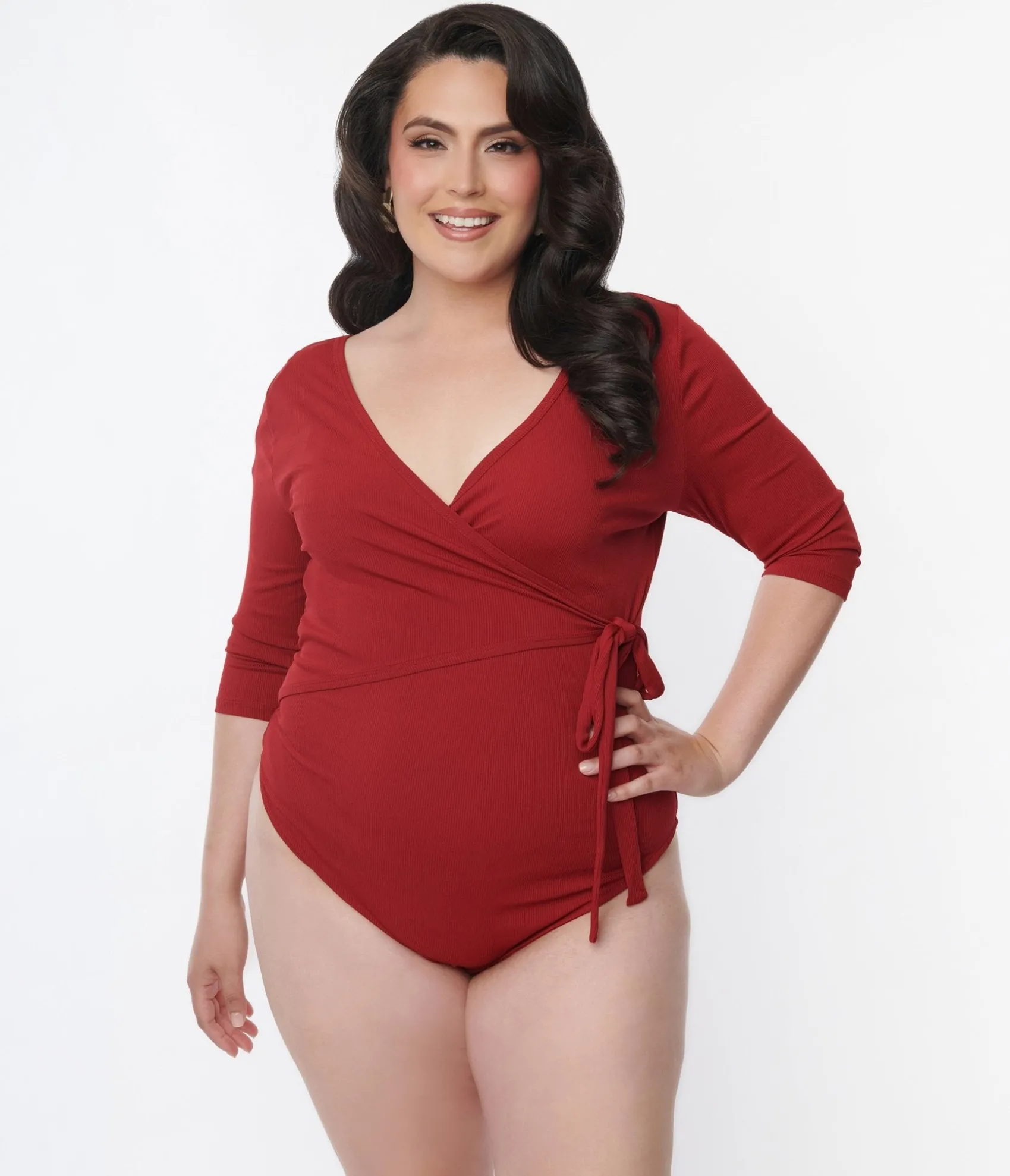 Unique Vintage 1970s Burgundy Surplice Bodysuit Cheap
