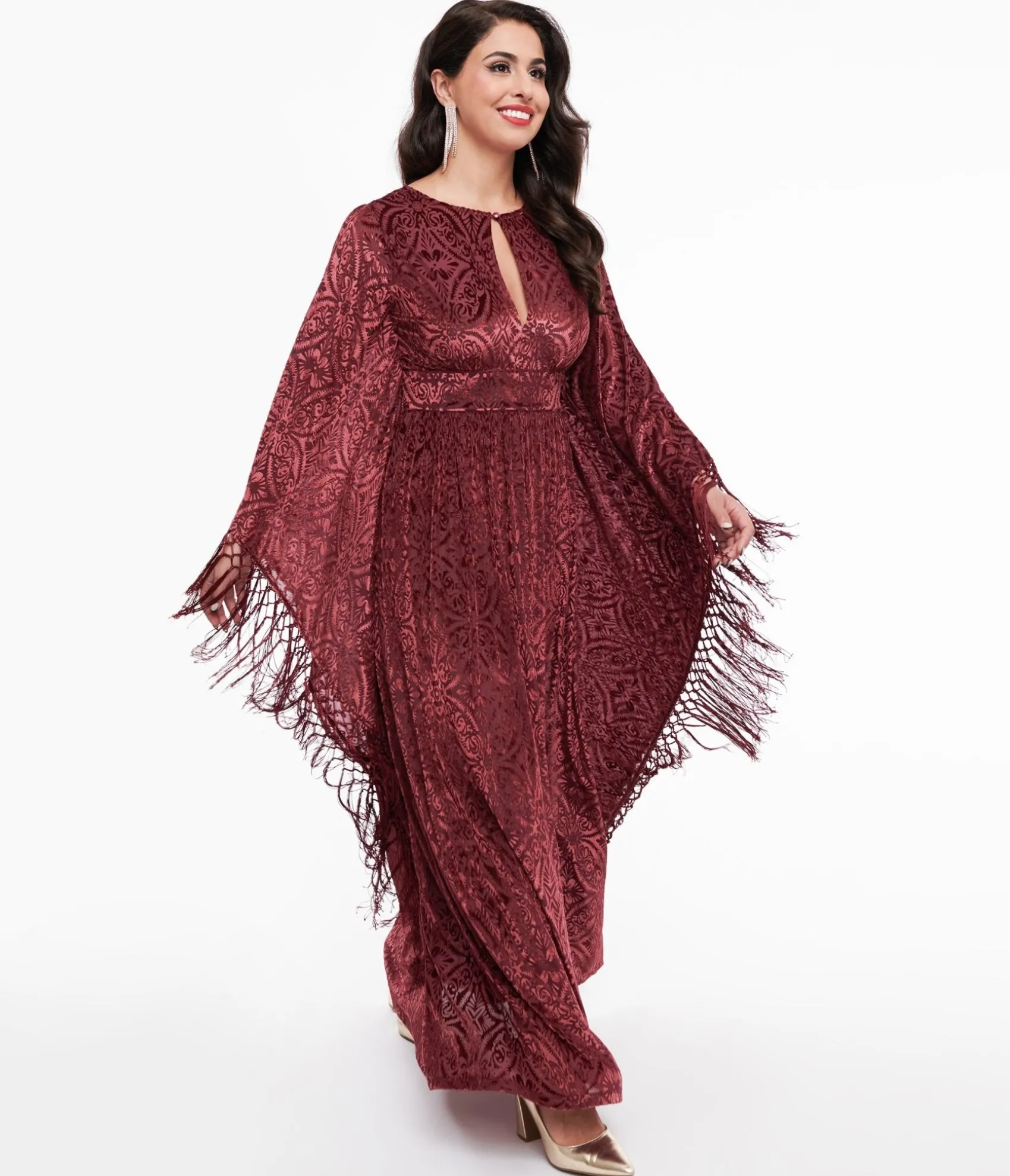 Unique Vintage 1960s Burgundy Velvet Burnout Caftan Outlet