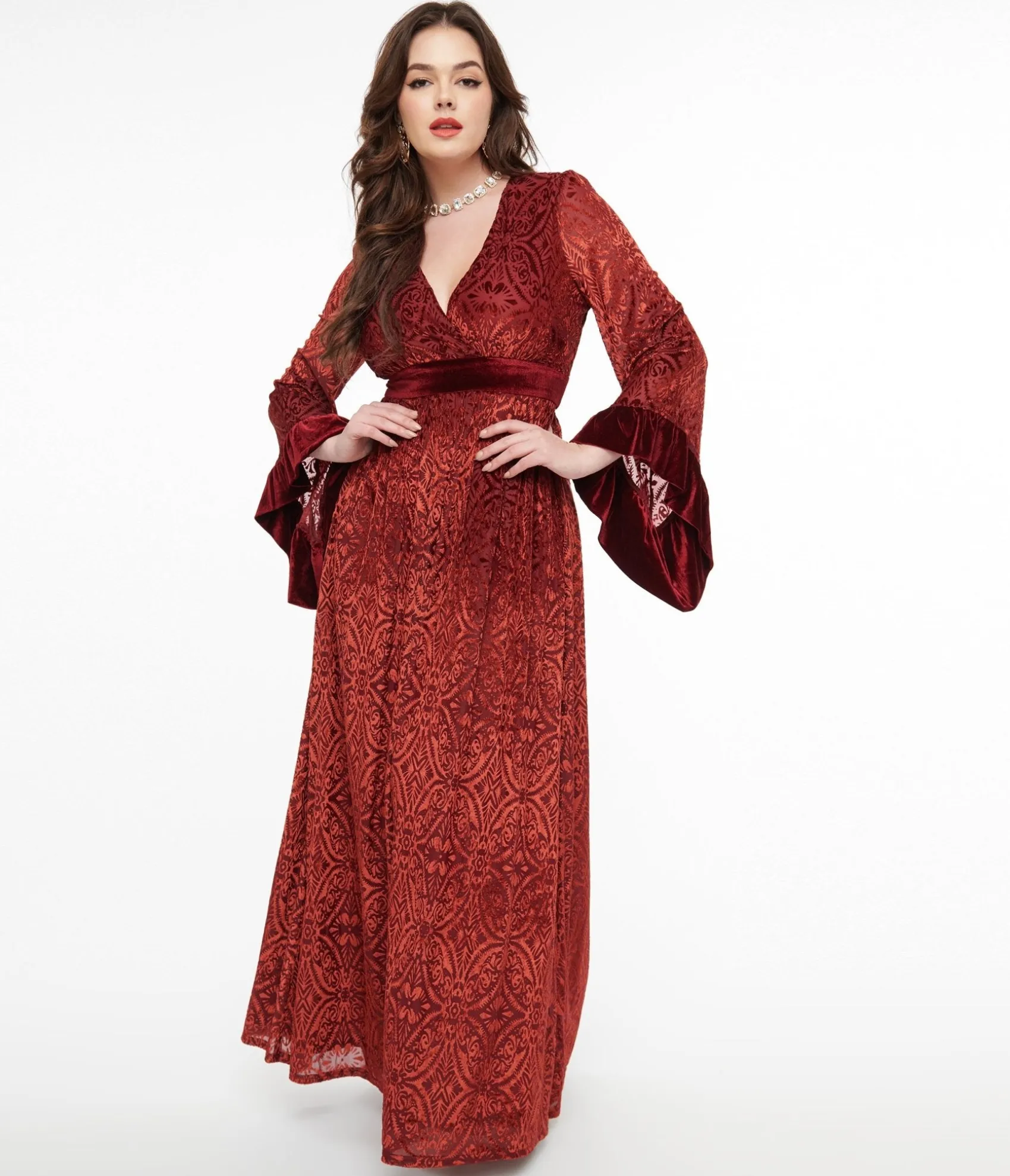 Unique Vintage 1970s Burgundy Velvet Burnout Maxi Dress Flash Sale