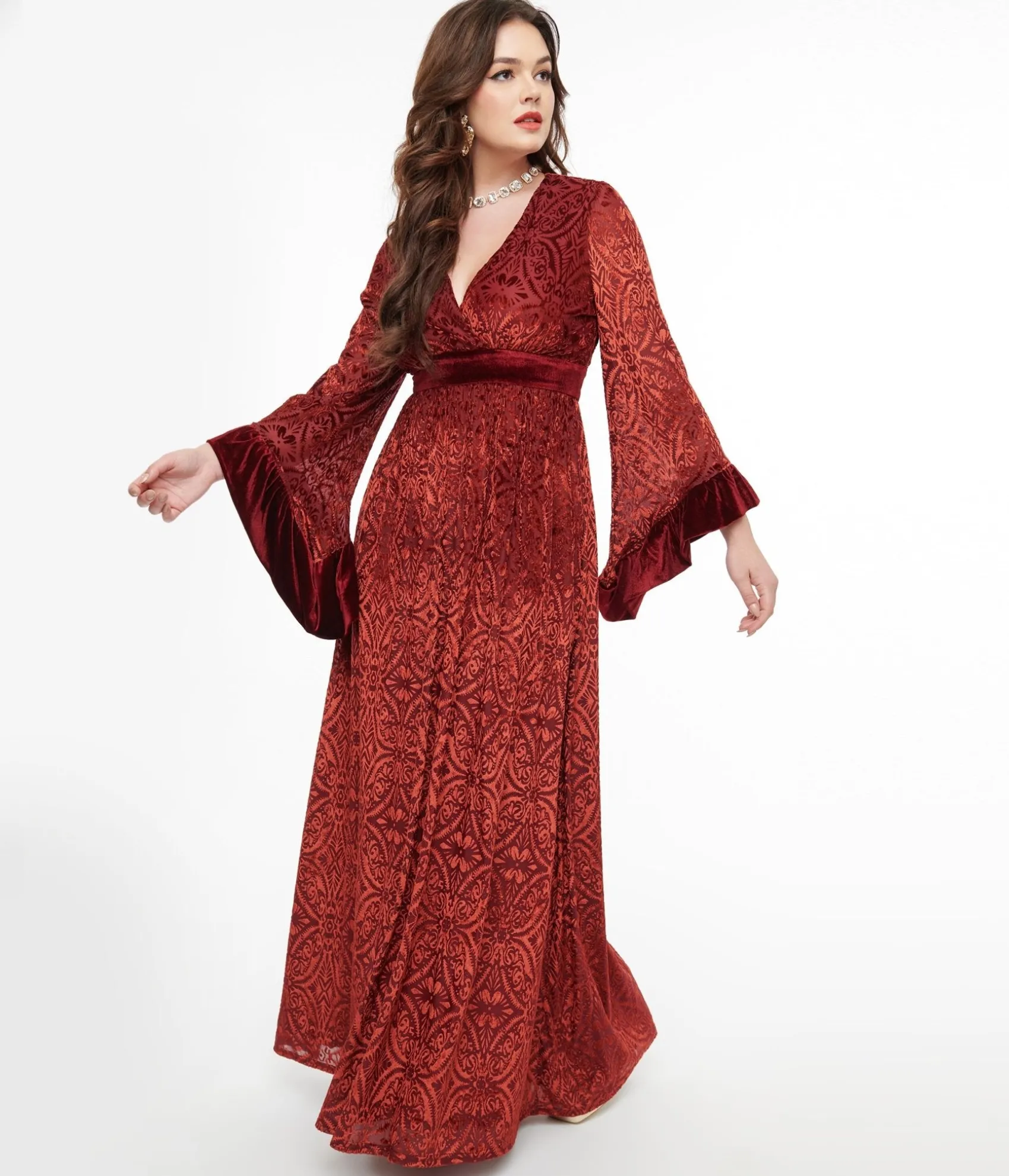 Unique Vintage 1970s Burgundy Velvet Burnout Maxi Dress Flash Sale