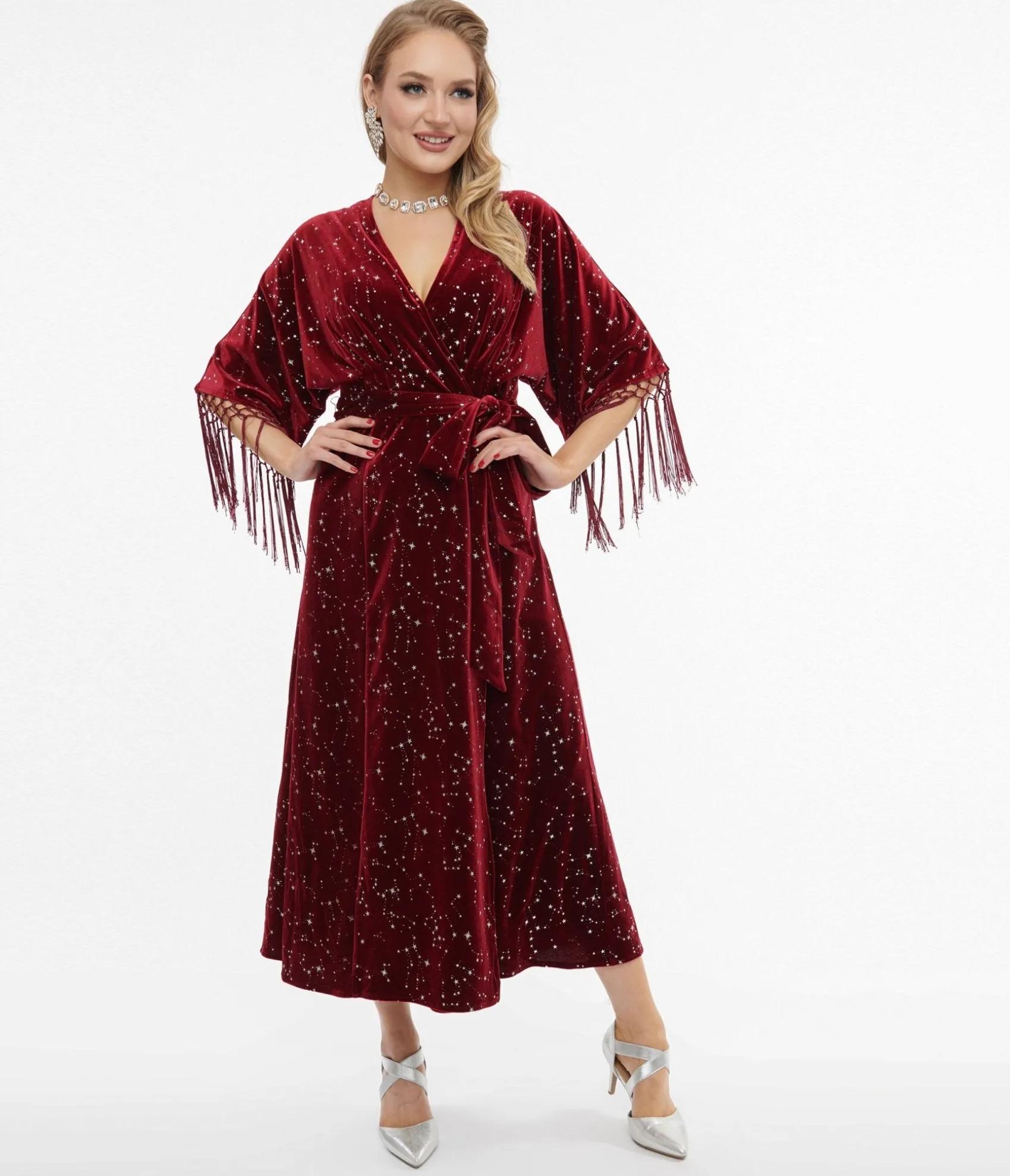 Unique Vintage 1970s Burgundy Velvet Silver Star Wrap Midi Dress Shop