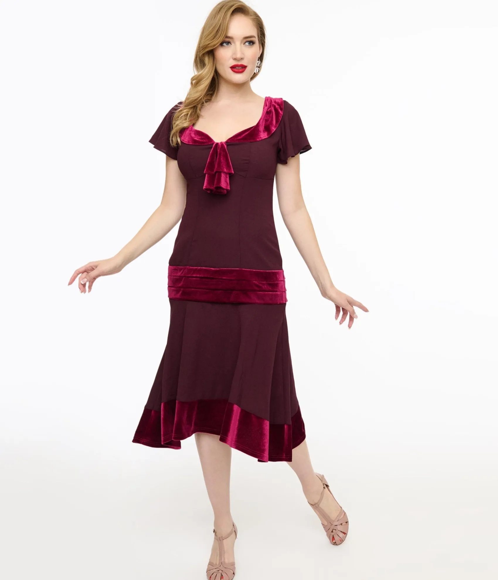 Unique Vintage 1920s Burgundy Wilshire Flapper Day Dress Clearance