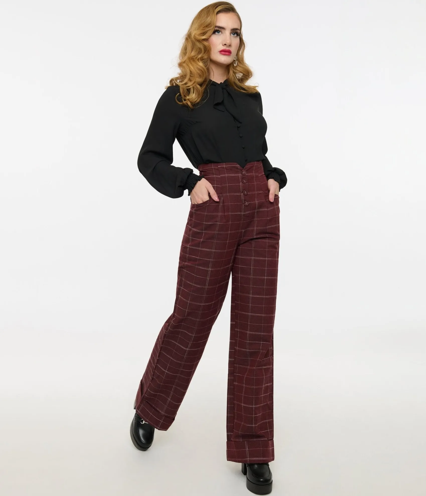 Unique Vintage 1940s Burgundy Windowpane Buttoned Wide Leg Trousers Cheap