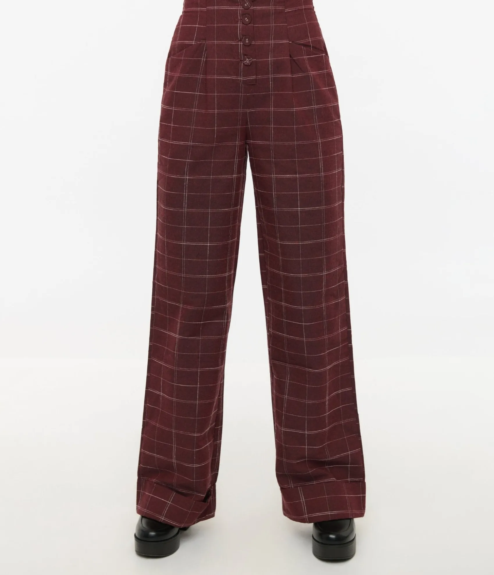 Unique Vintage 1940s Burgundy Windowpane Buttoned Wide Leg Trousers Cheap