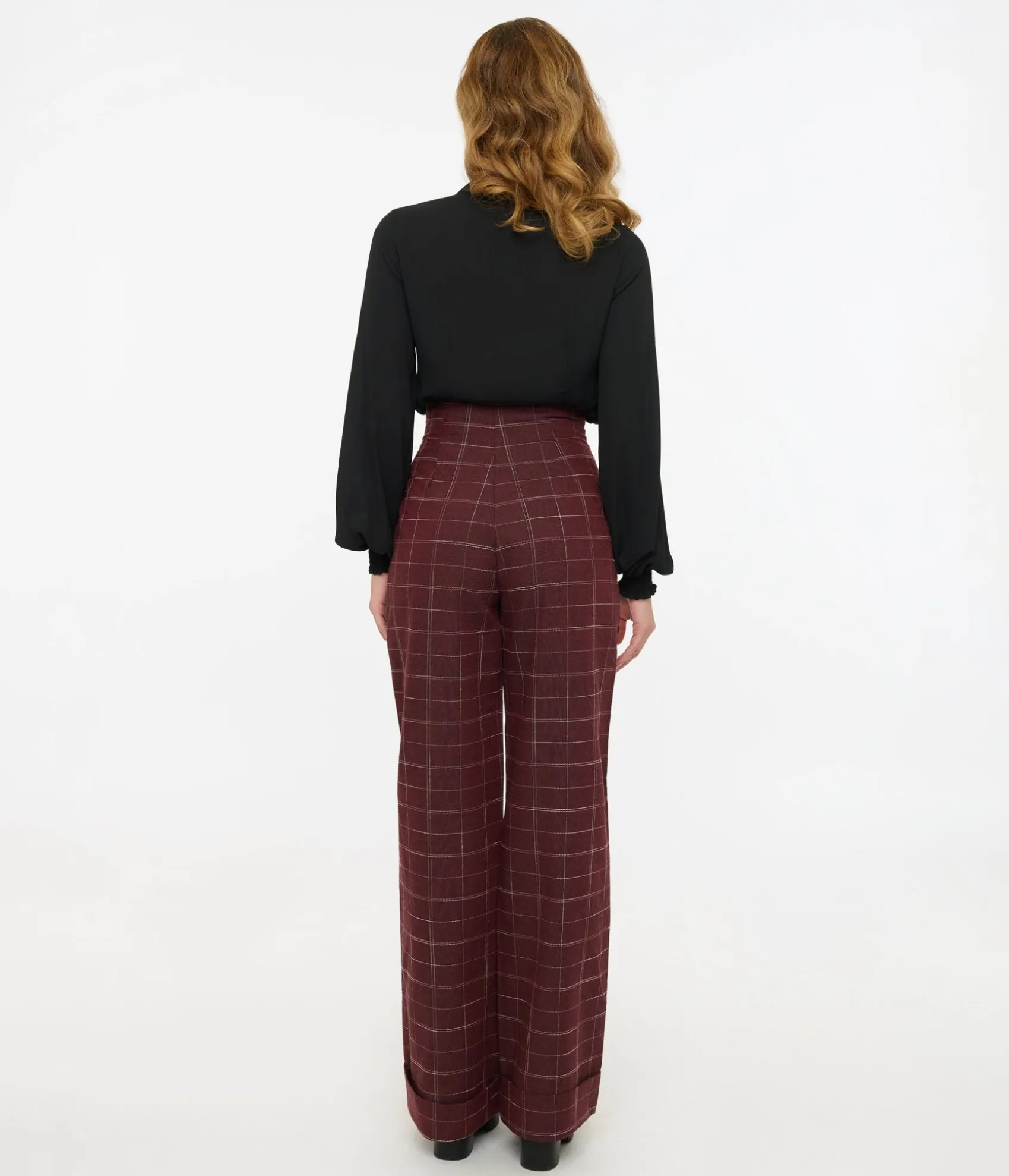 Unique Vintage 1940s Burgundy Windowpane Buttoned Wide Leg Trousers Cheap