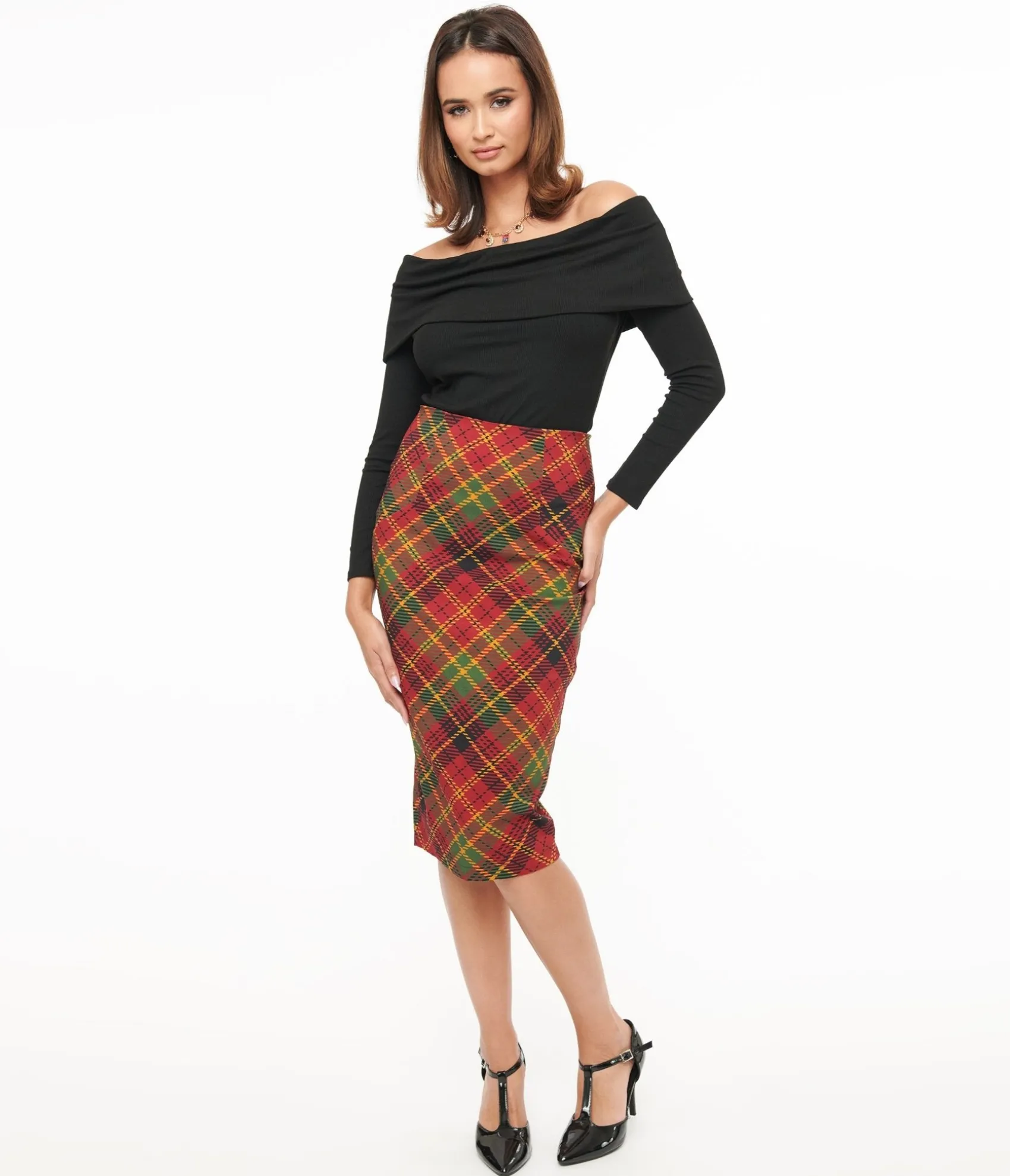 Unique Vintage 1950s Burnt Orange & Green Plaid Tracy Pencil Skirt Best