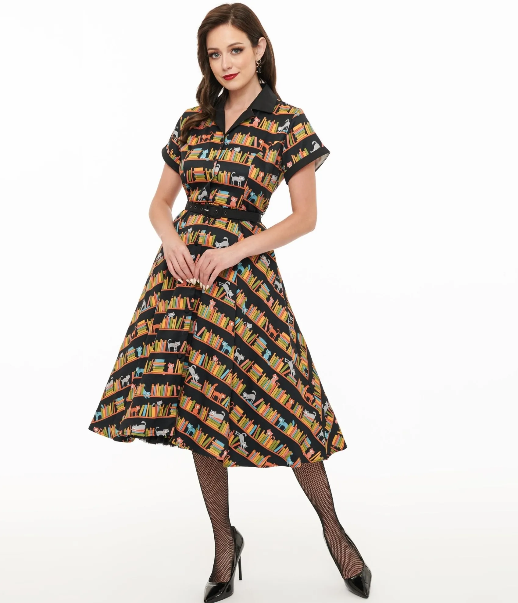 Unique Vintage 1950s Cat & Bookshelf Print Alexis Swing Dress Store