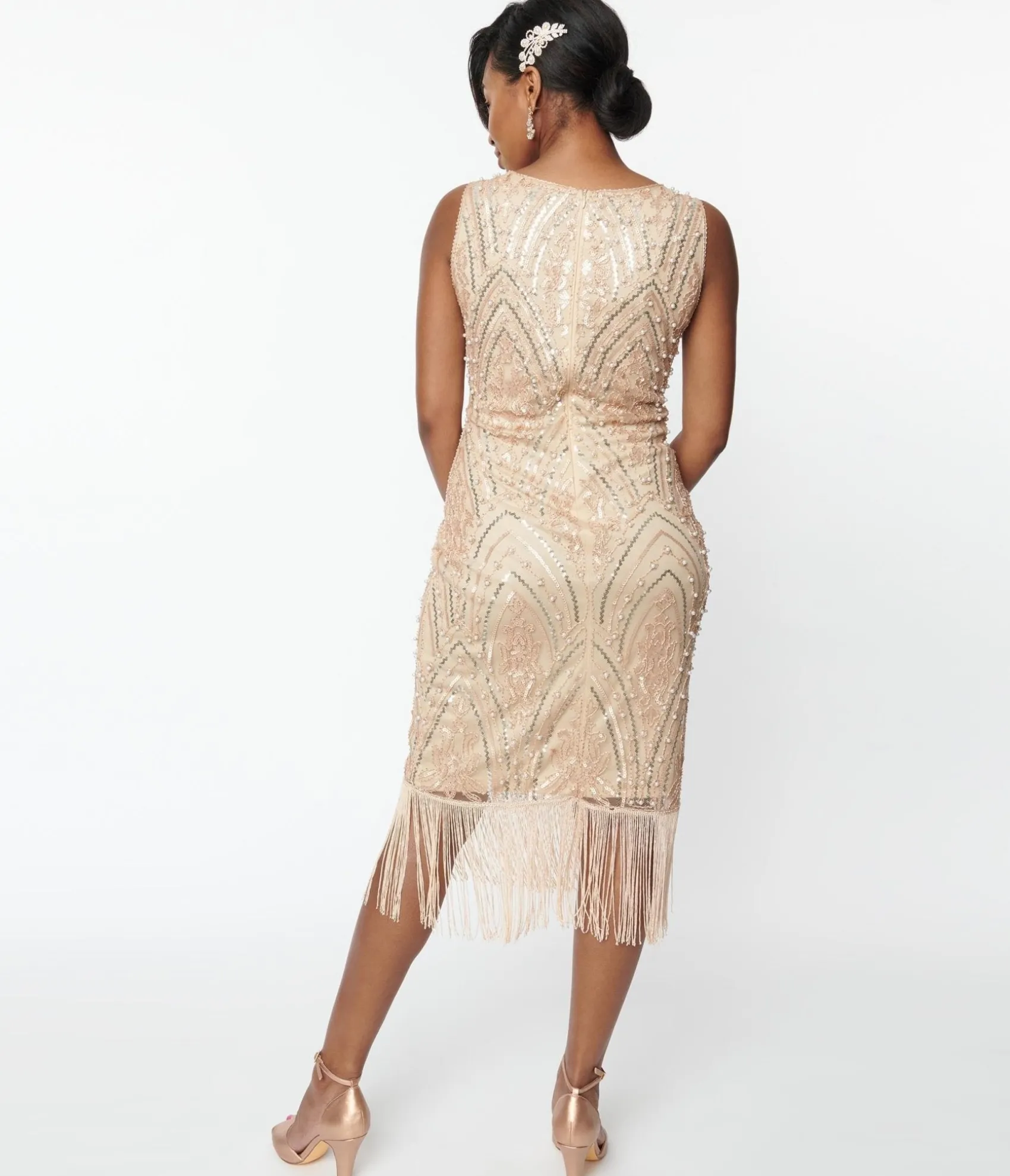 Unique Vintage 1920s Champagne Sequin & Pearl Sleeveless Flapper Dress Discount