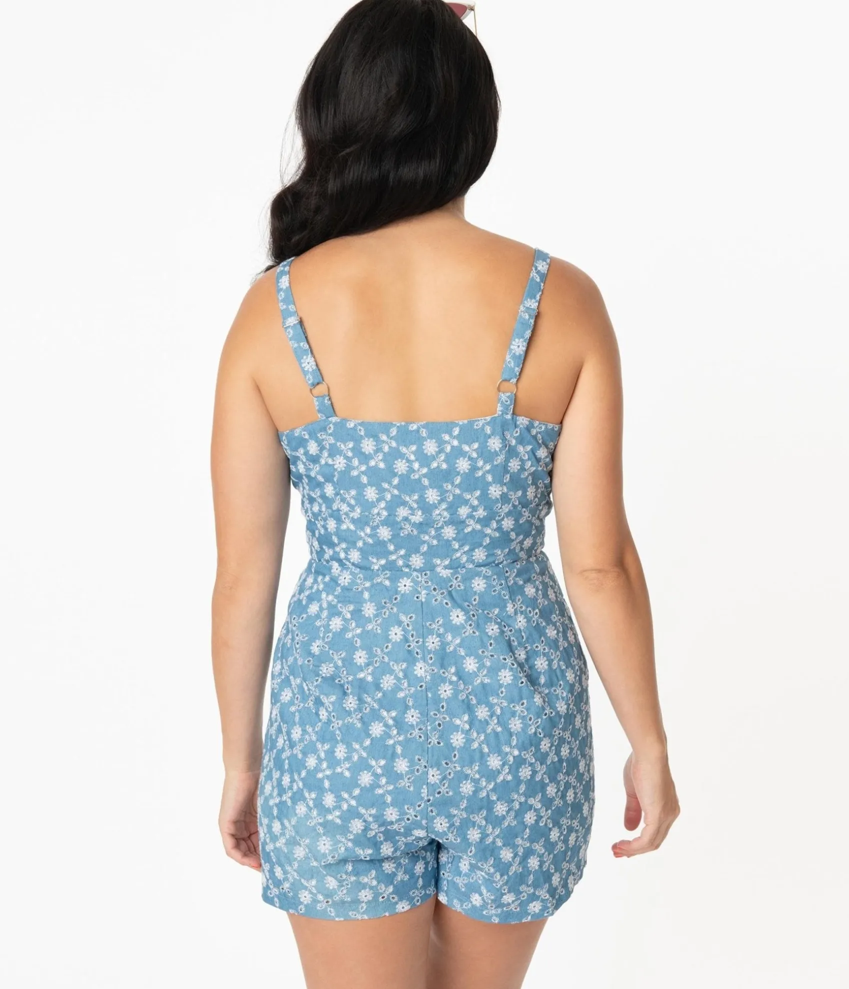 Unique Vintage 1960s Cotton Chambray Floral Eyelet Hayward Romper Fashion