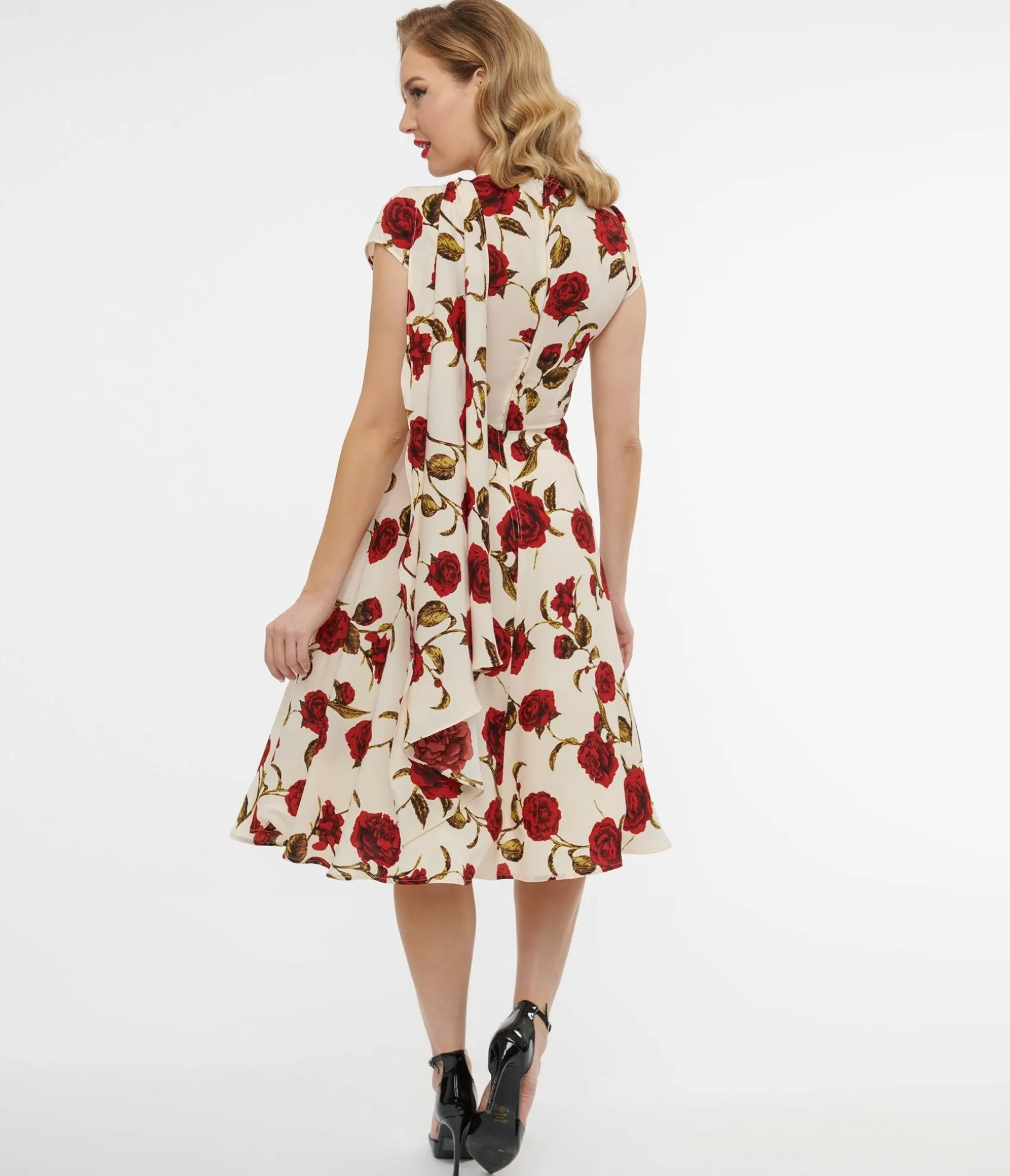 Unique Vintage 1940s Cream & Red Rose Print Sash Swing Dress New