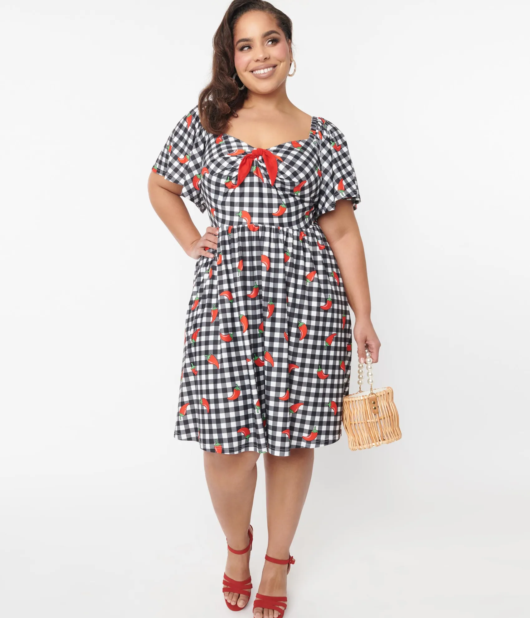 Unique Vintage 1950s Curve Black & White Chili Pepper Gingham Swing Dress Cheap