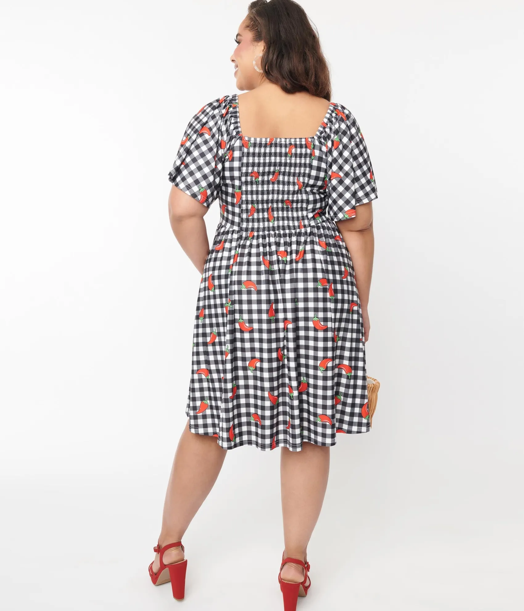 Unique Vintage 1950s Curve Black & White Chili Pepper Gingham Swing Dress Cheap