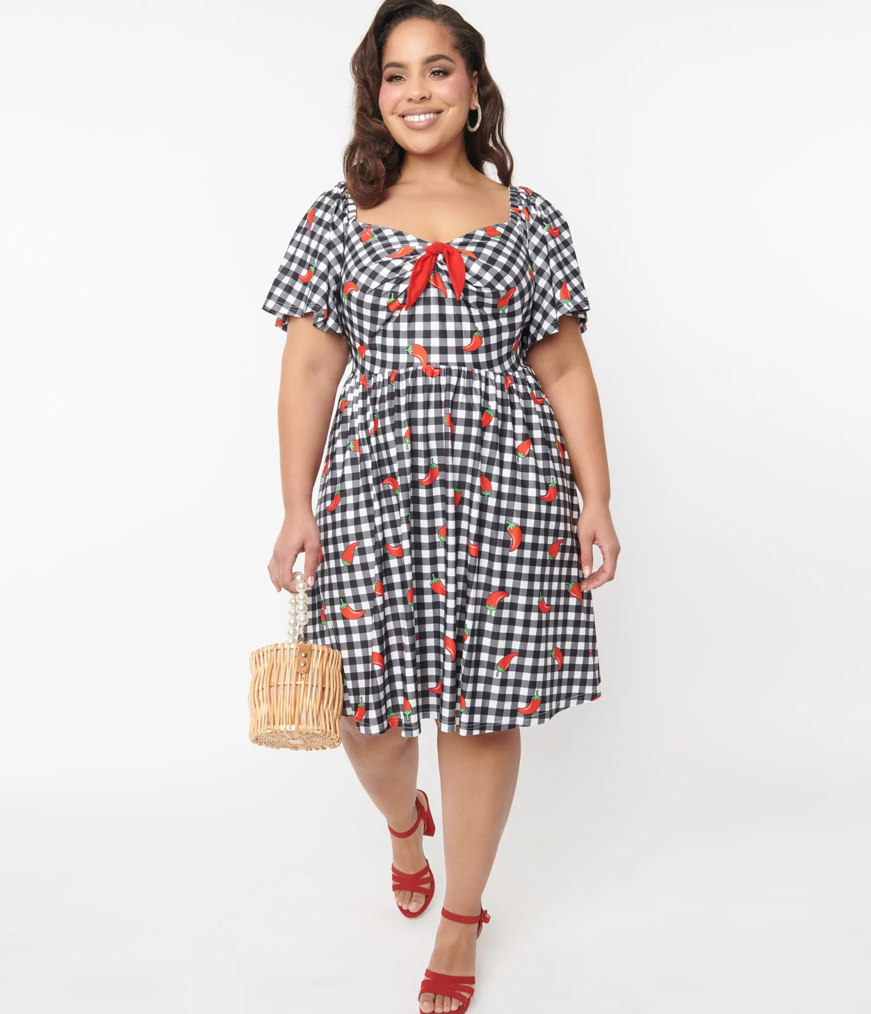 Unique Vintage 1950s Curve Black & White Chili Pepper Gingham Swing Dress Cheap