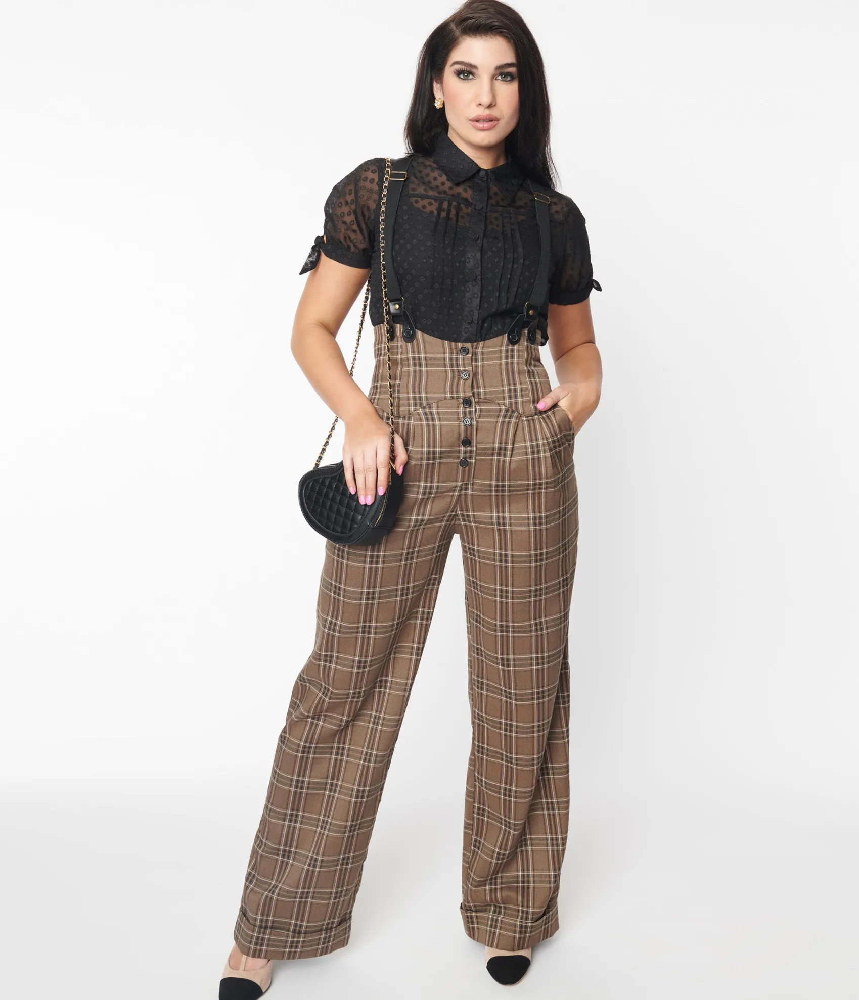 Unique Vintage 1930s Dark Beige Windowpane Thelma Suspender Pants Clearance