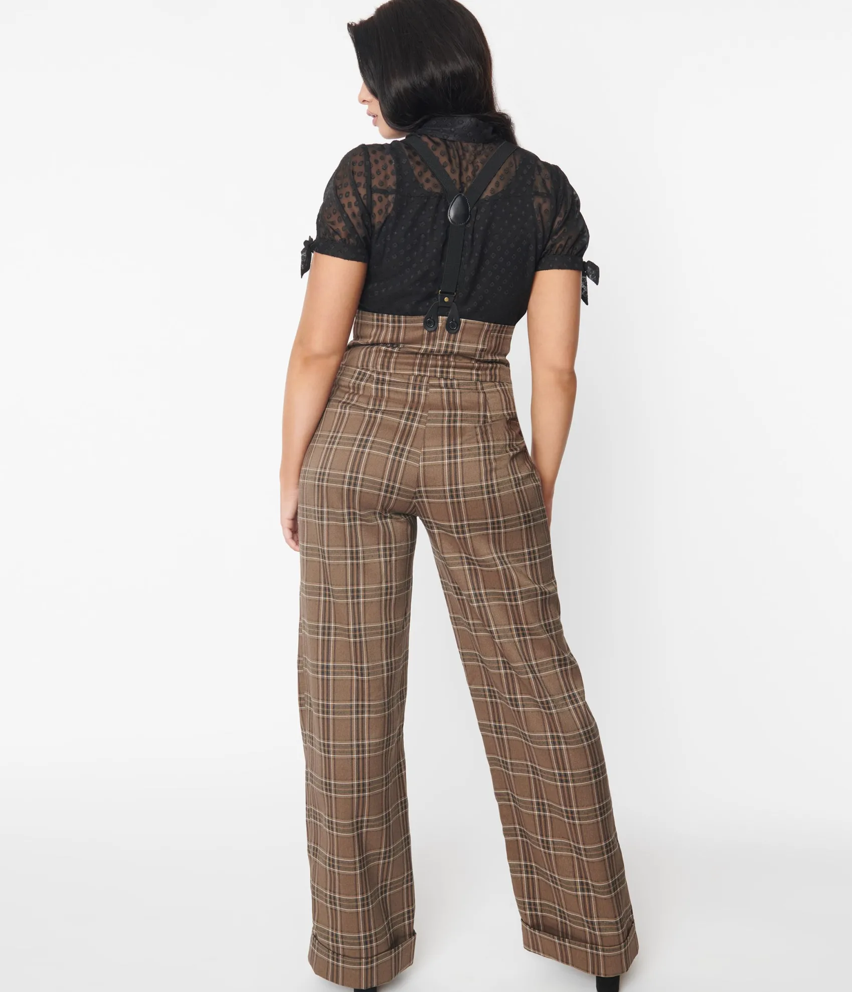 Unique Vintage 1930s Dark Beige Windowpane Thelma Suspender Pants Clearance