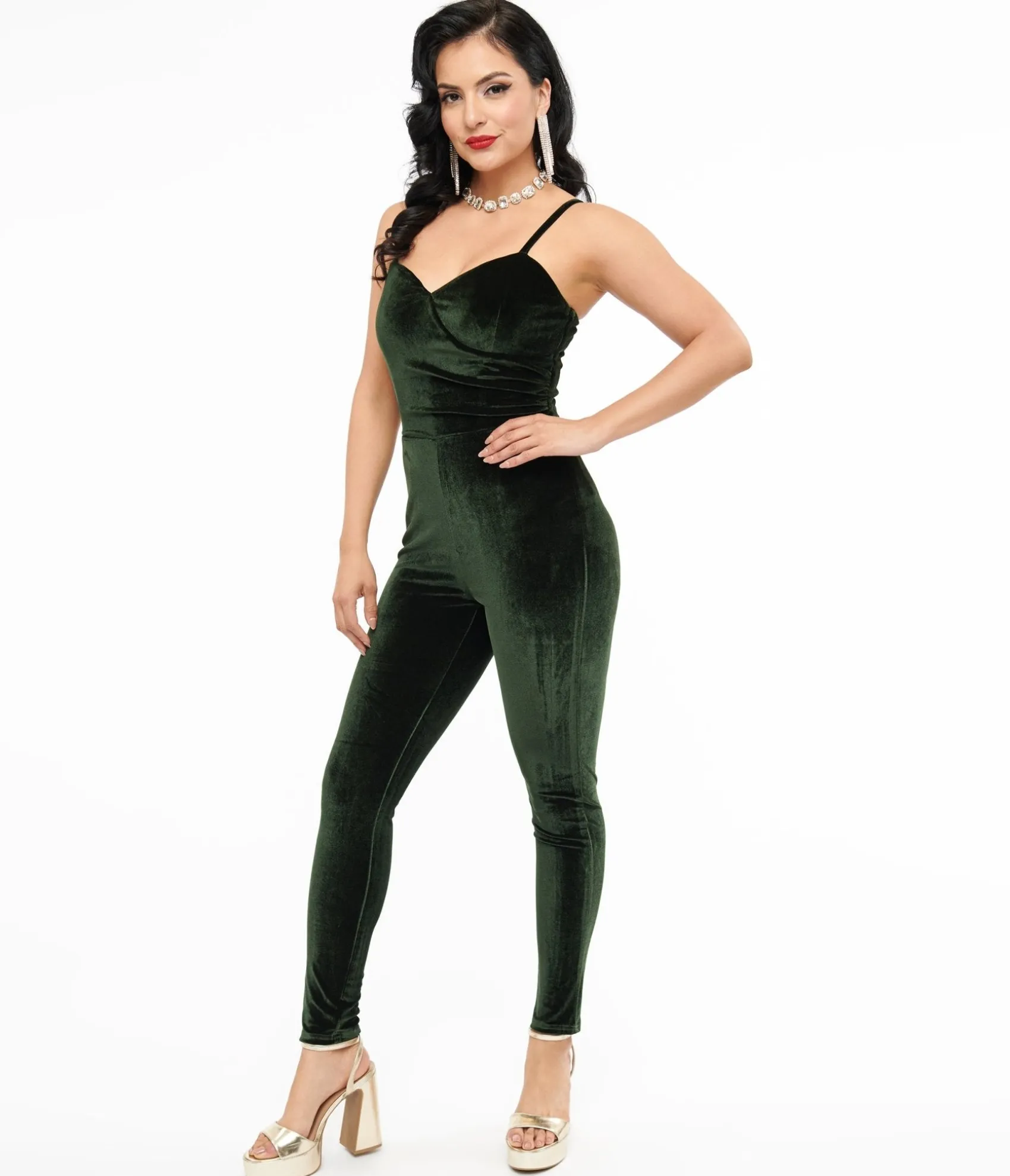 Unique Vintage 1970s Dark Green Velvet Jumpsuit Shop