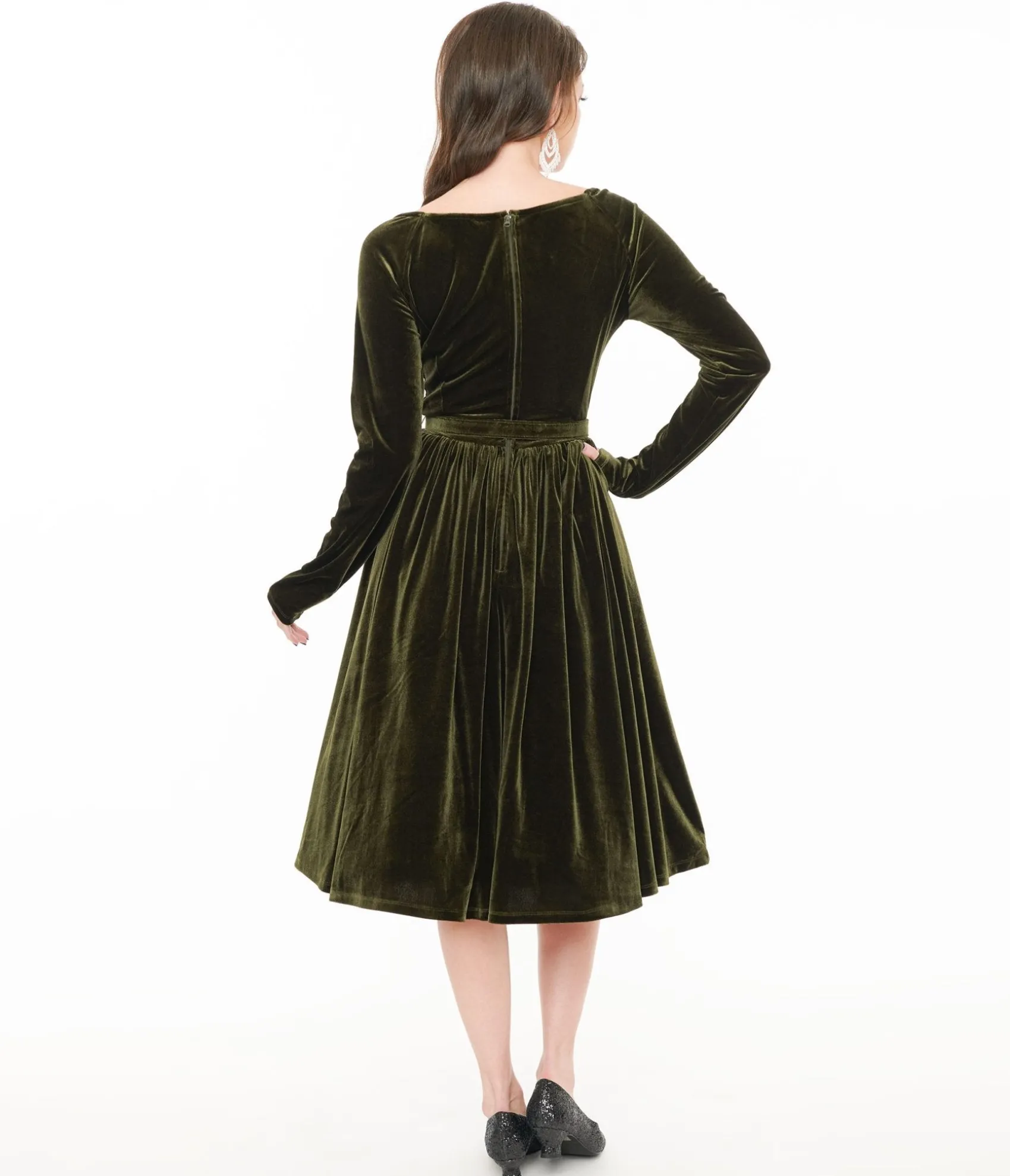 Unique Vintage 1950s Dark Olive Velvet Sweetheart Swing Dress Hot