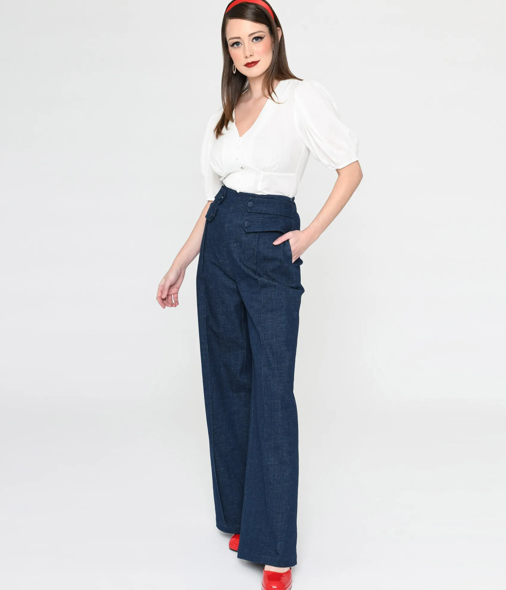 Unique Vintage 1940s Denim High Waist Wide Leg Tab Pants Best Sale
