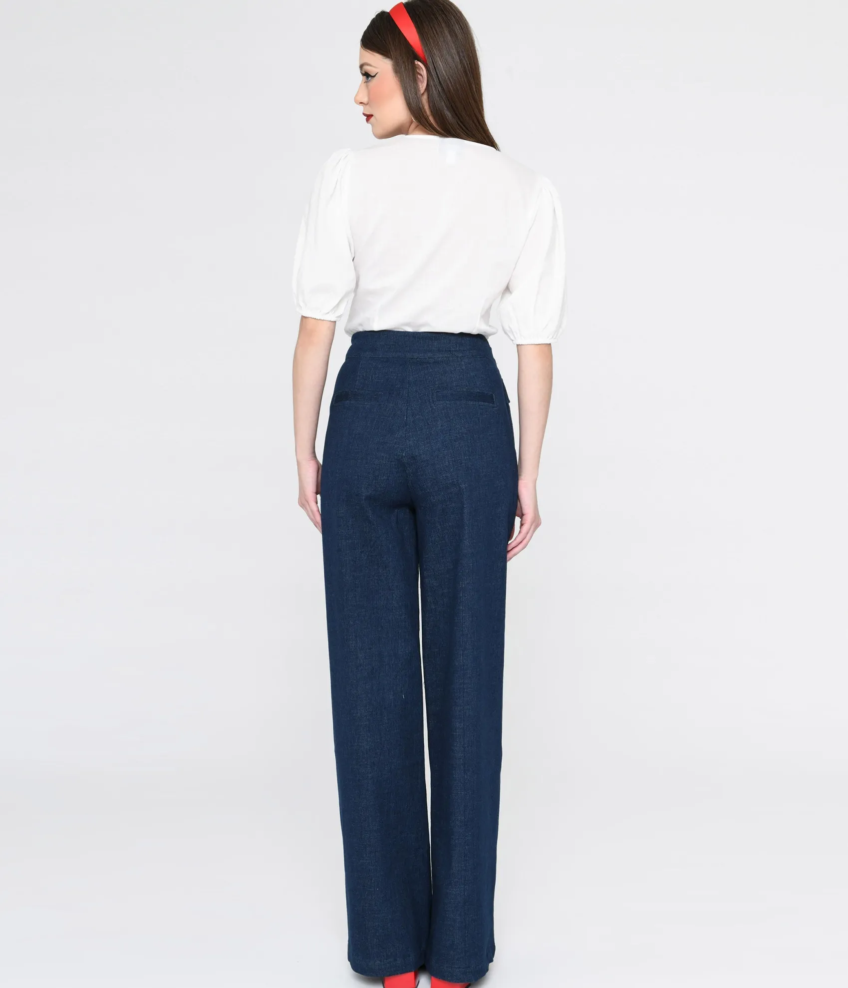 Unique Vintage 1940s Denim High Waist Wide Leg Tab Pants Best Sale