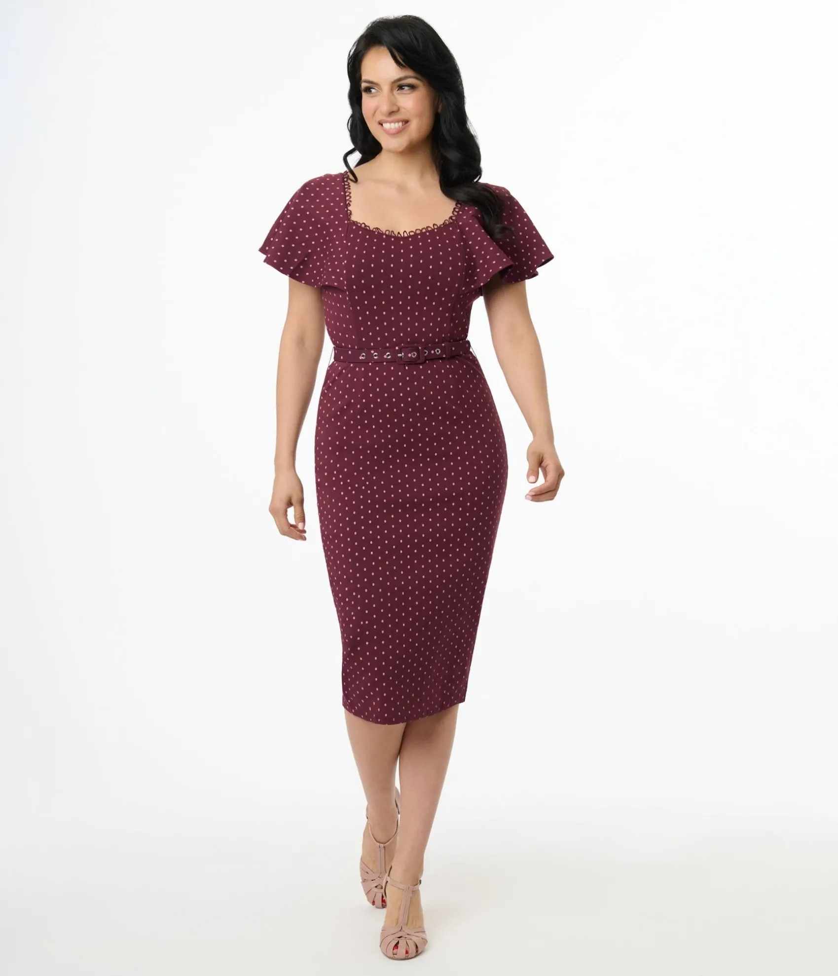 Unique Vintage 1940s Eggplant & Pink Dot Flutter Sleeve Pencil Dress Flash Sale