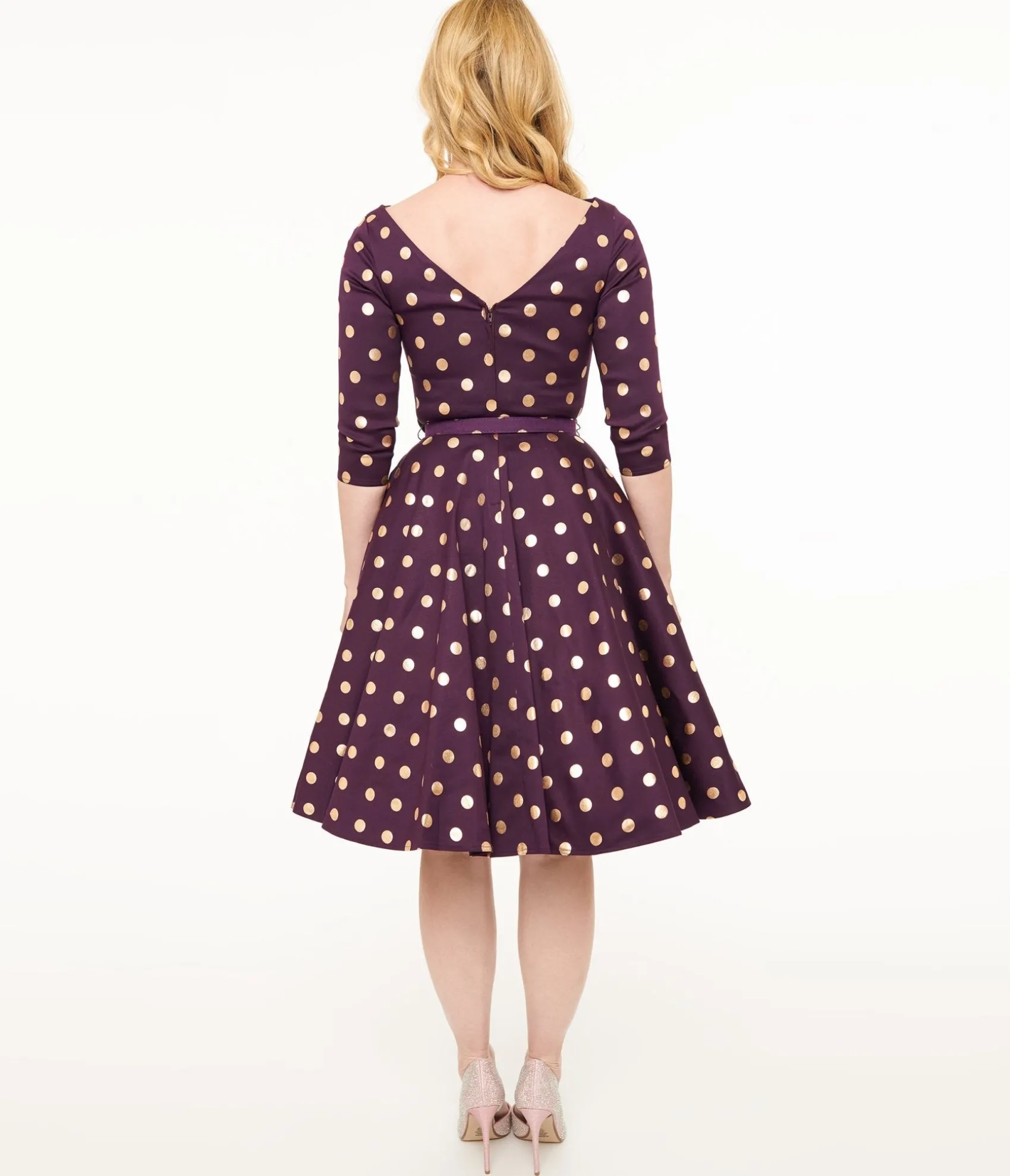 Unique Vintage 1950s Eggplant Rose Foil Polka Dot Devon Swing Dress Fashion