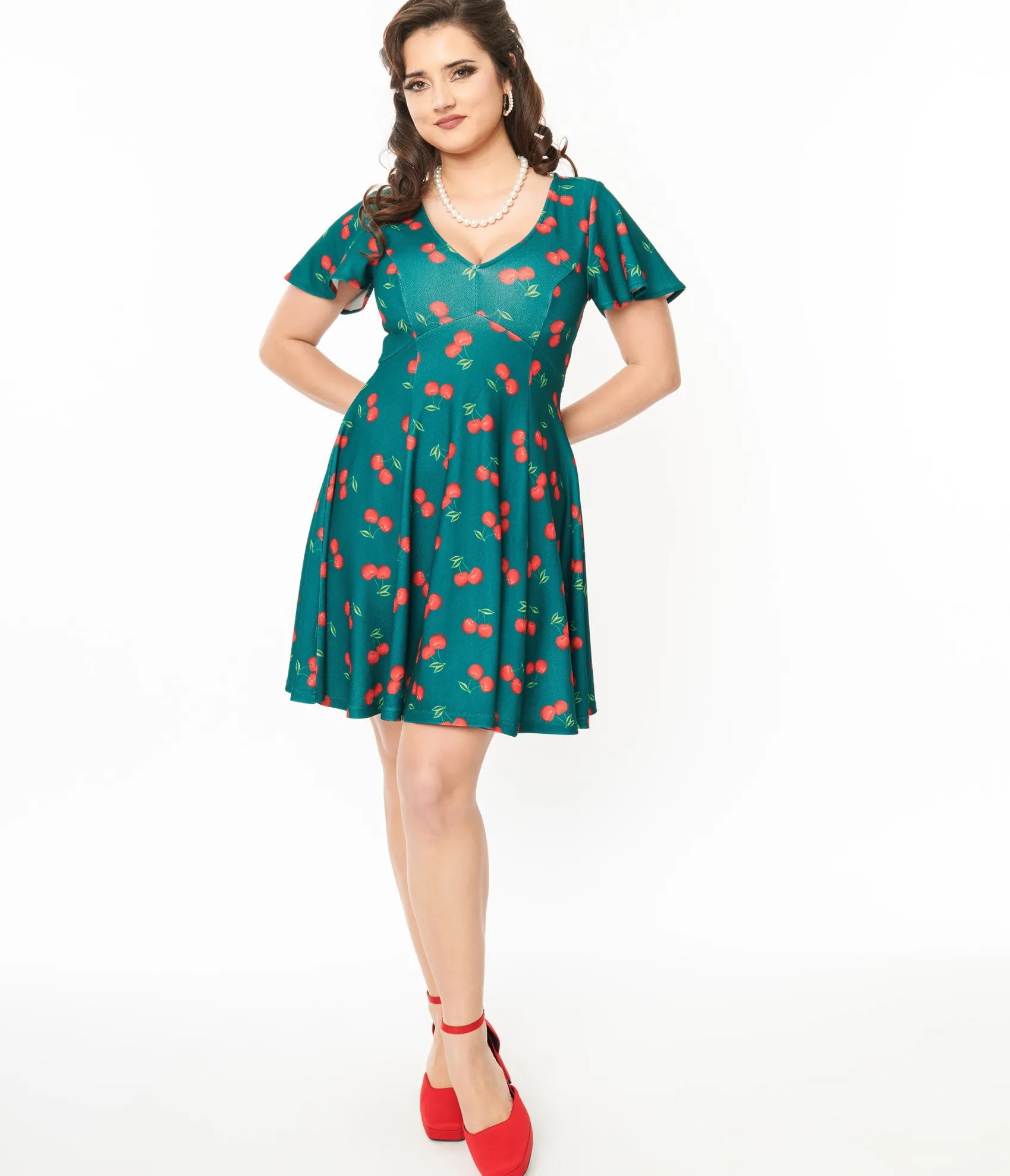 Unique Vintage 1950s Emerald & Cherry Print Poppy Flare Dress Store
