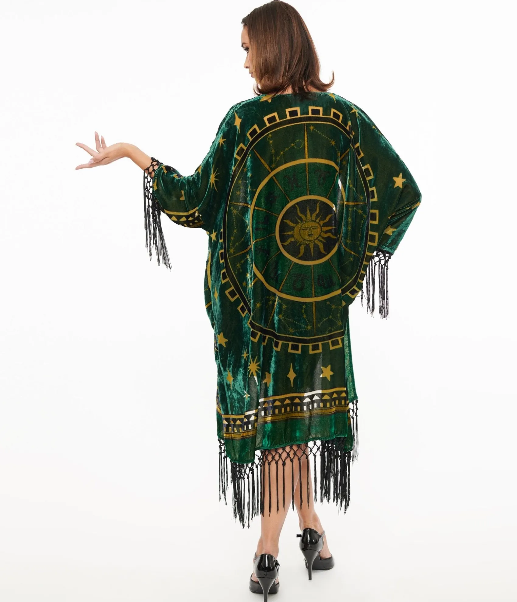 Unique Vintage 1930s Emerald & Gold Zodiac Burnout Velvet Fringe Kimono Discount