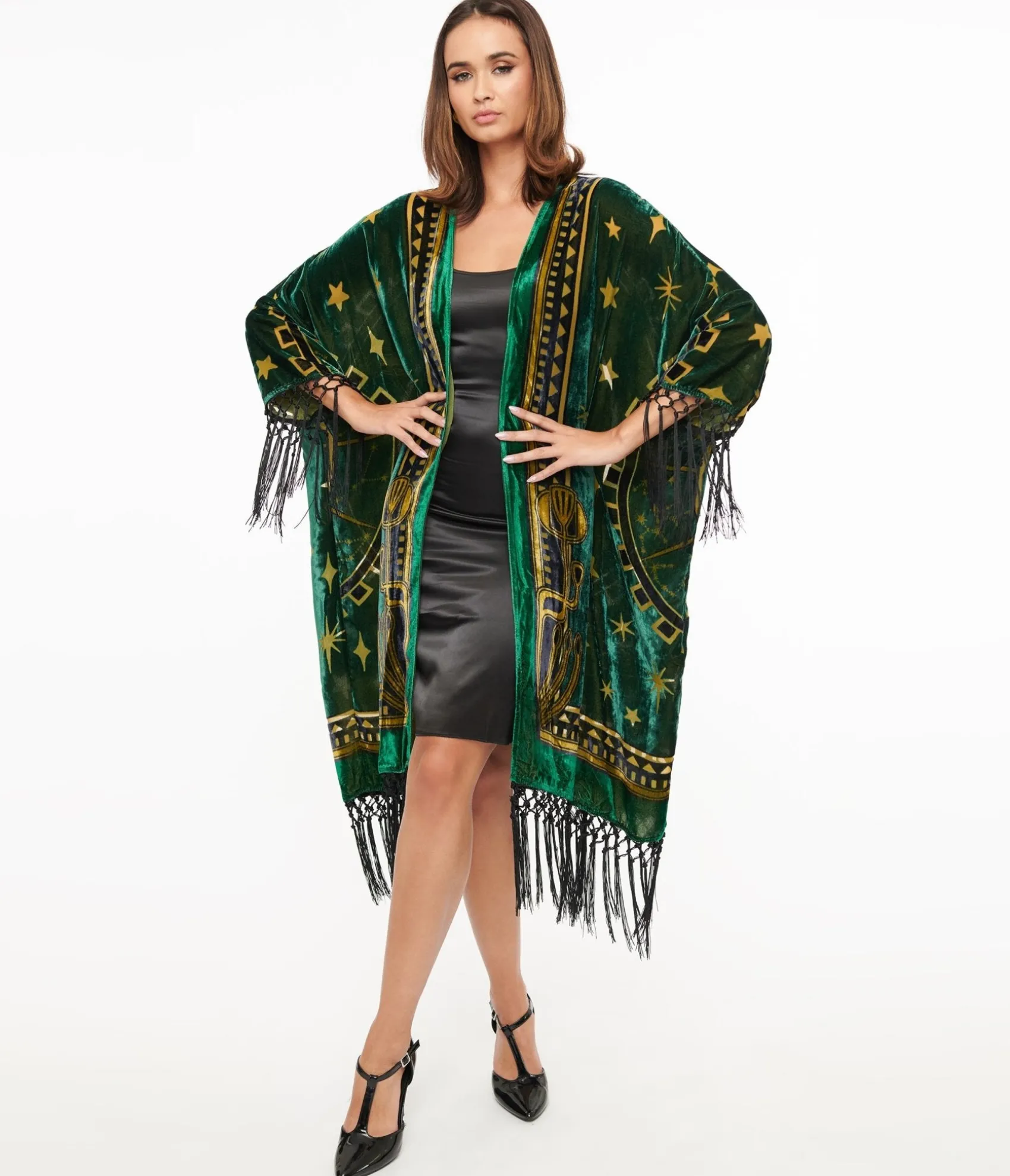Unique Vintage 1930s Emerald & Gold Zodiac Burnout Velvet Fringe Kimono Discount