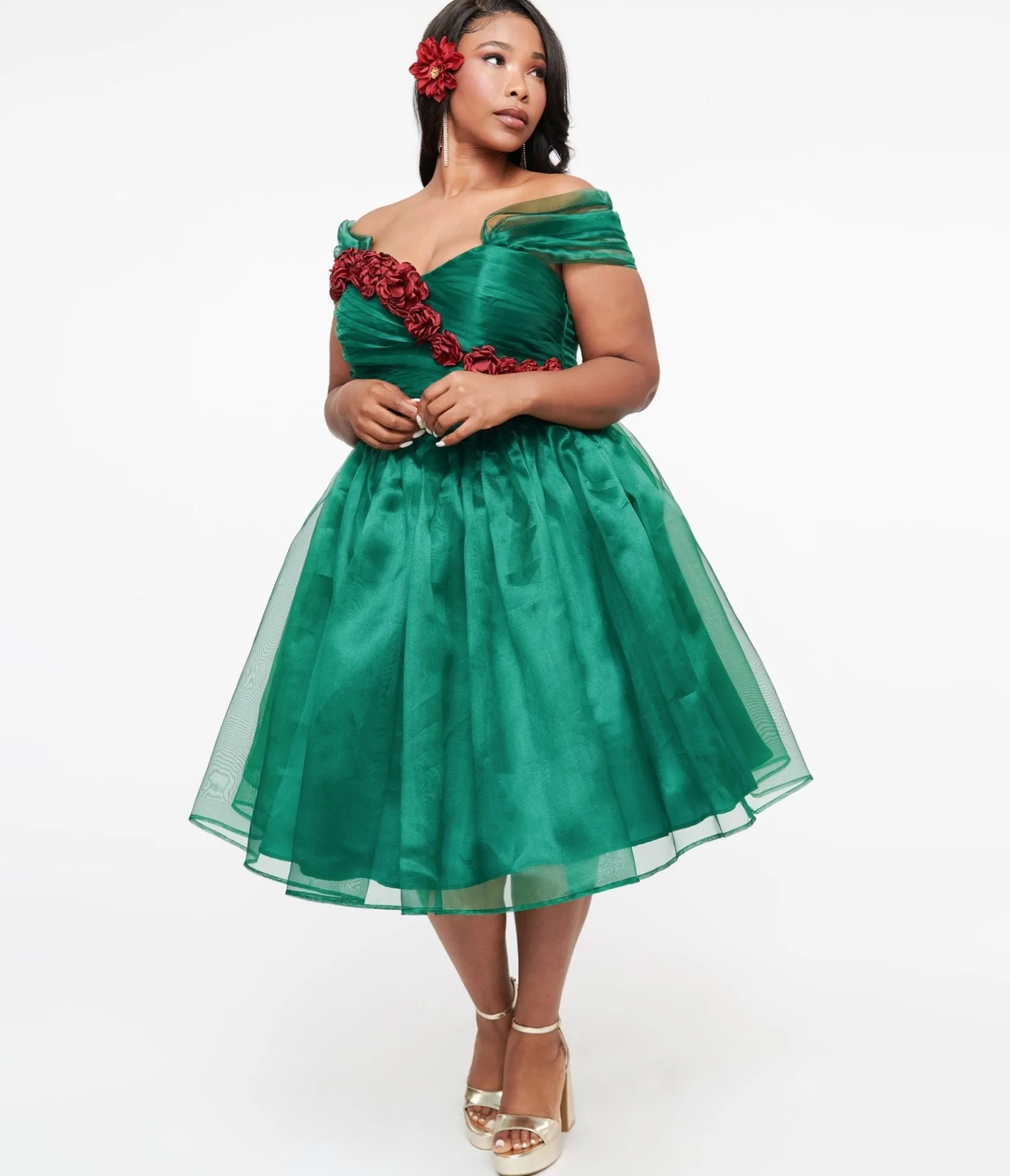 Unique Vintage 1940s Emerald & Roses Garden State Swing Dress Sale