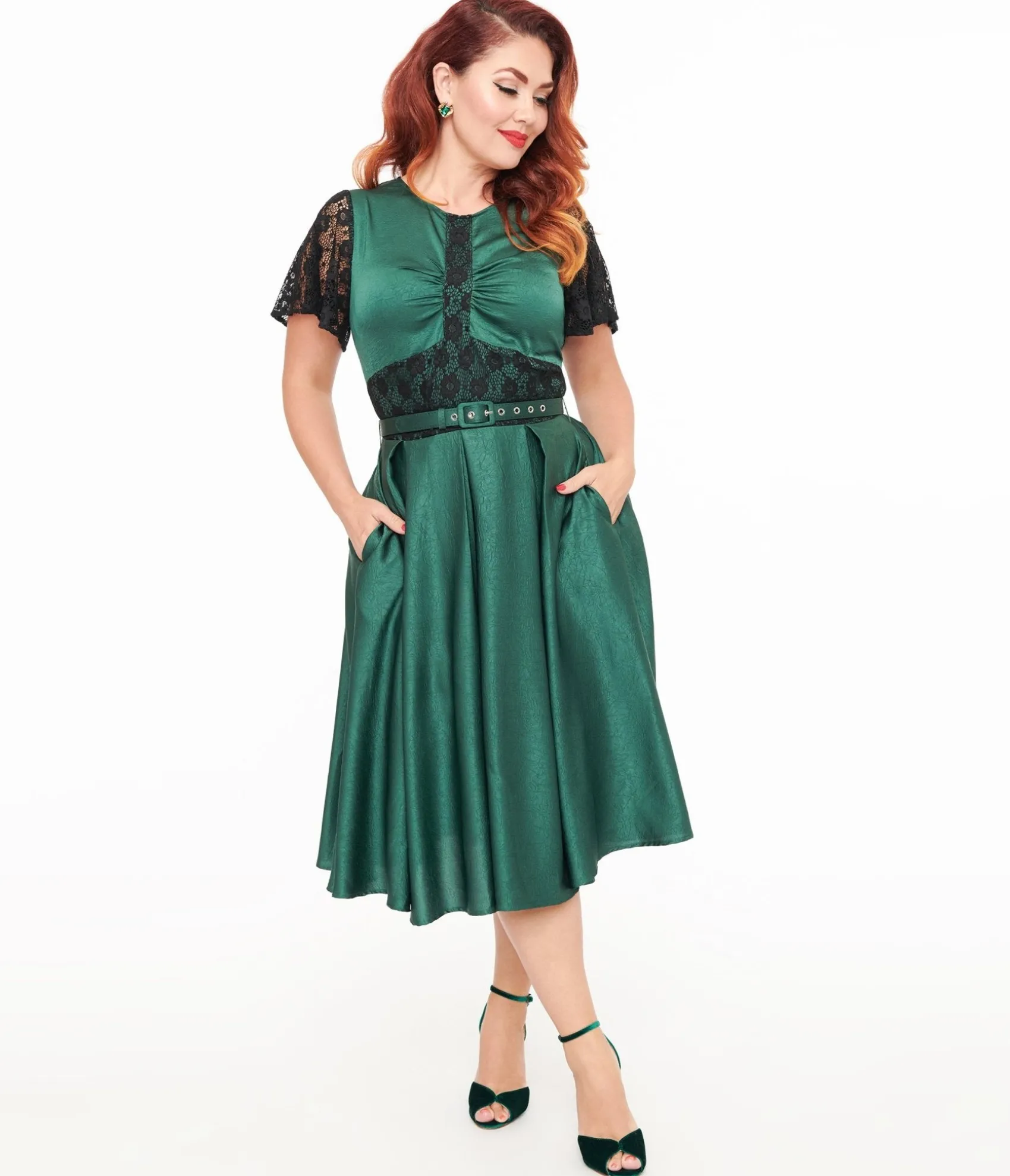 Unique Vintage 1940s Emerald Green & Black Lace Swing Dress Discount