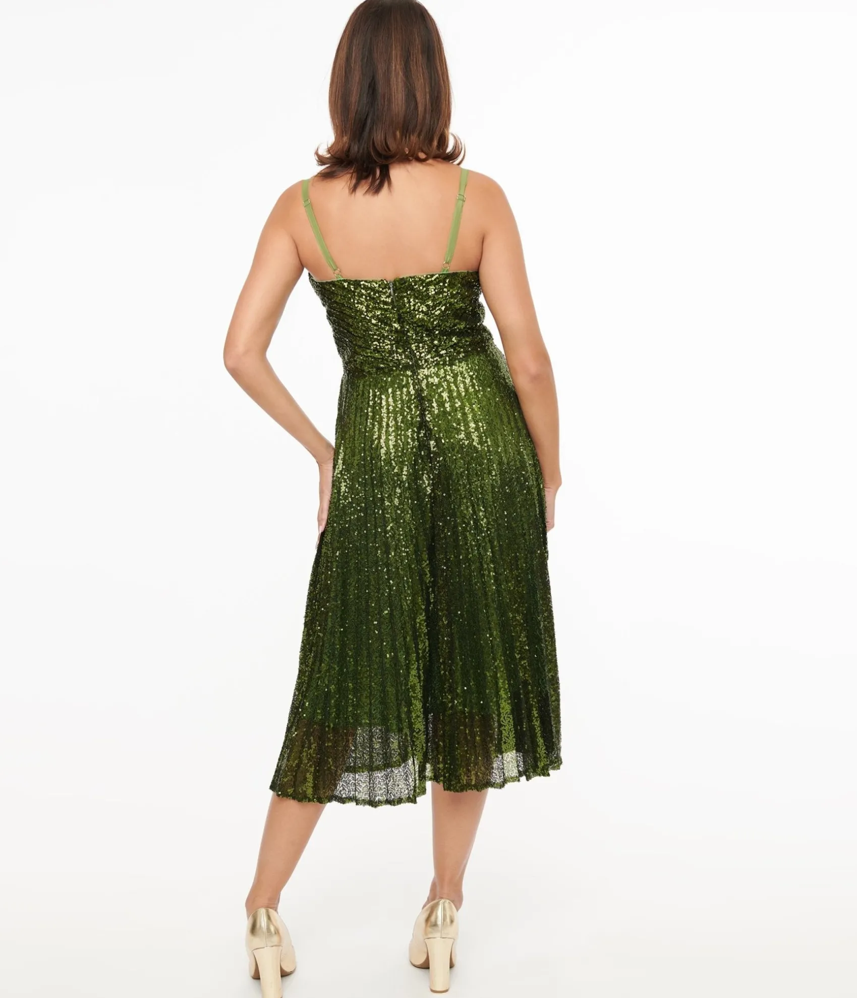 Unique Vintage 1950s Emerald Pleated Sequin Swing Dress Best Sale
