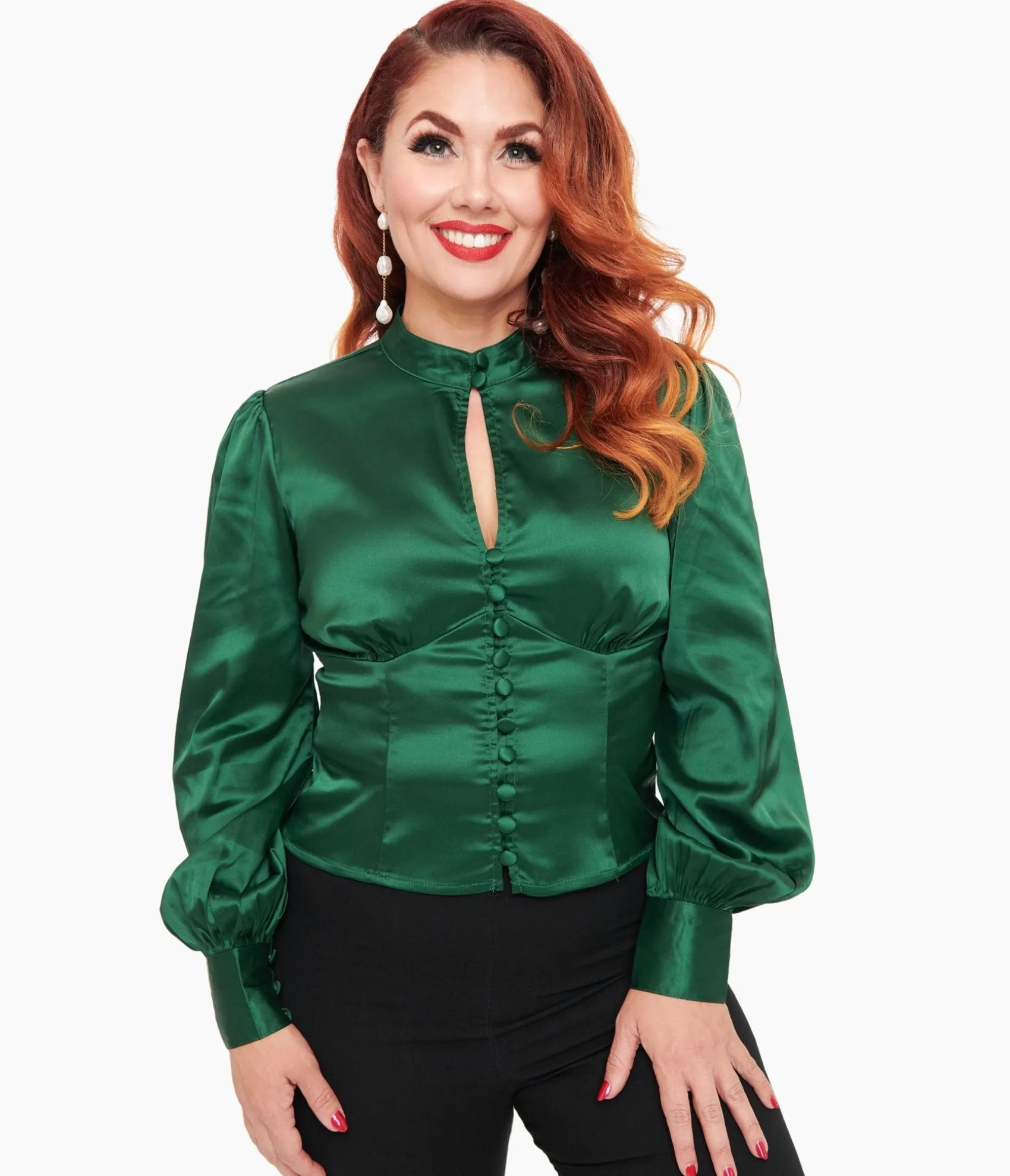 Unique Vintage 1970s Emerald Satin Keyhole Button Waist Blouse Hot