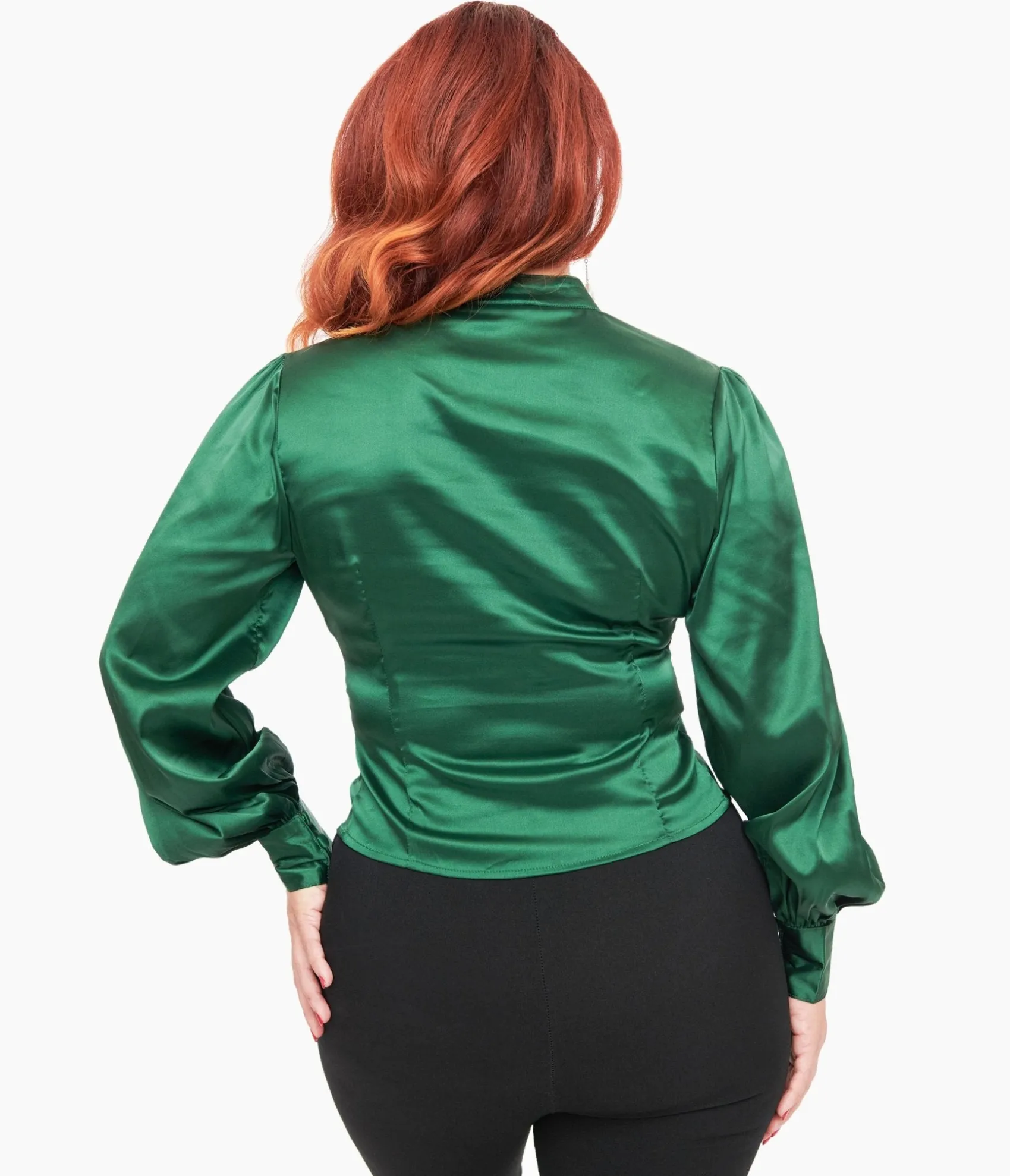Unique Vintage 1970s Emerald Satin Keyhole Button Waist Blouse Hot