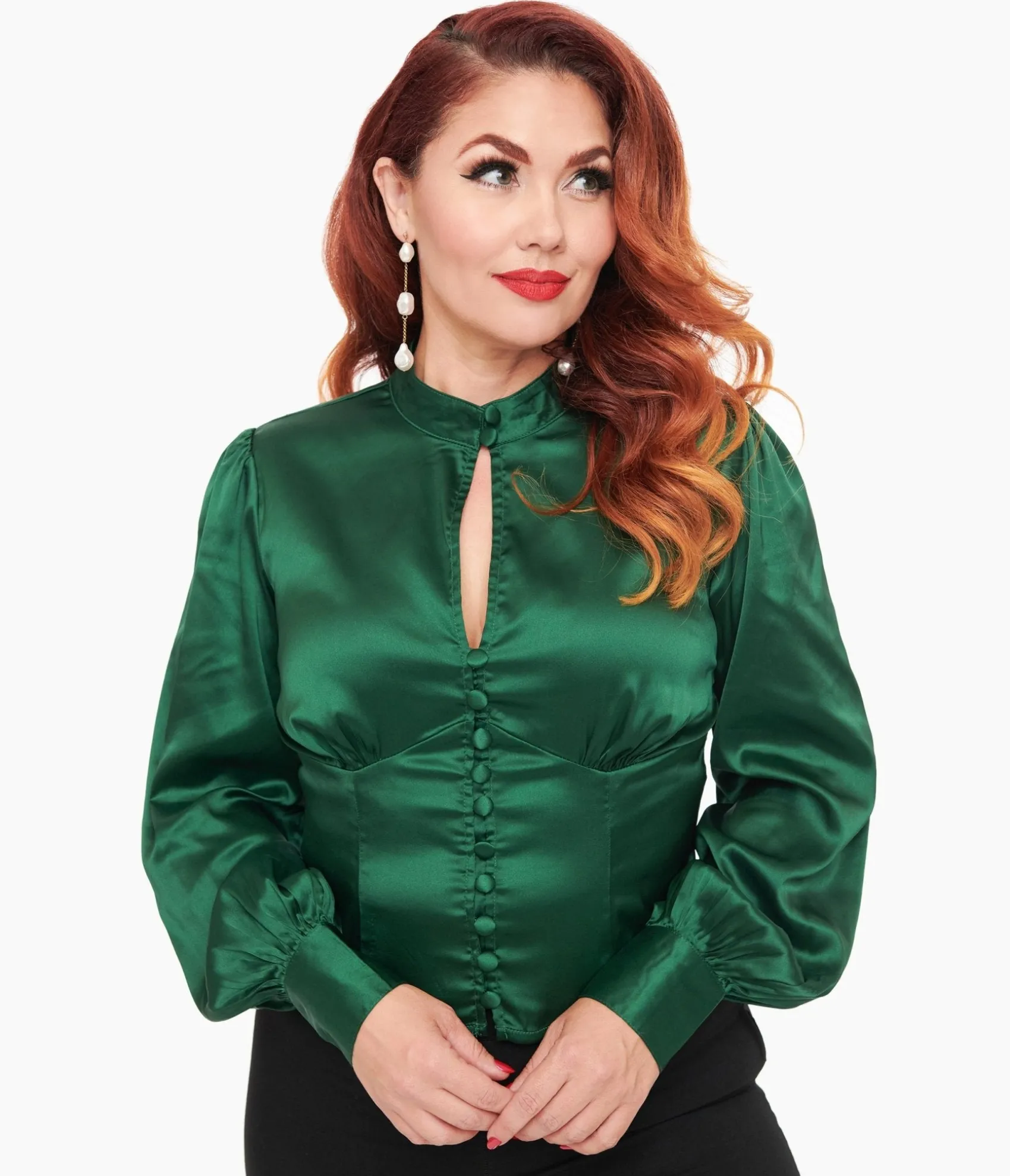 Unique Vintage 1970s Emerald Satin Keyhole Button Waist Blouse Hot