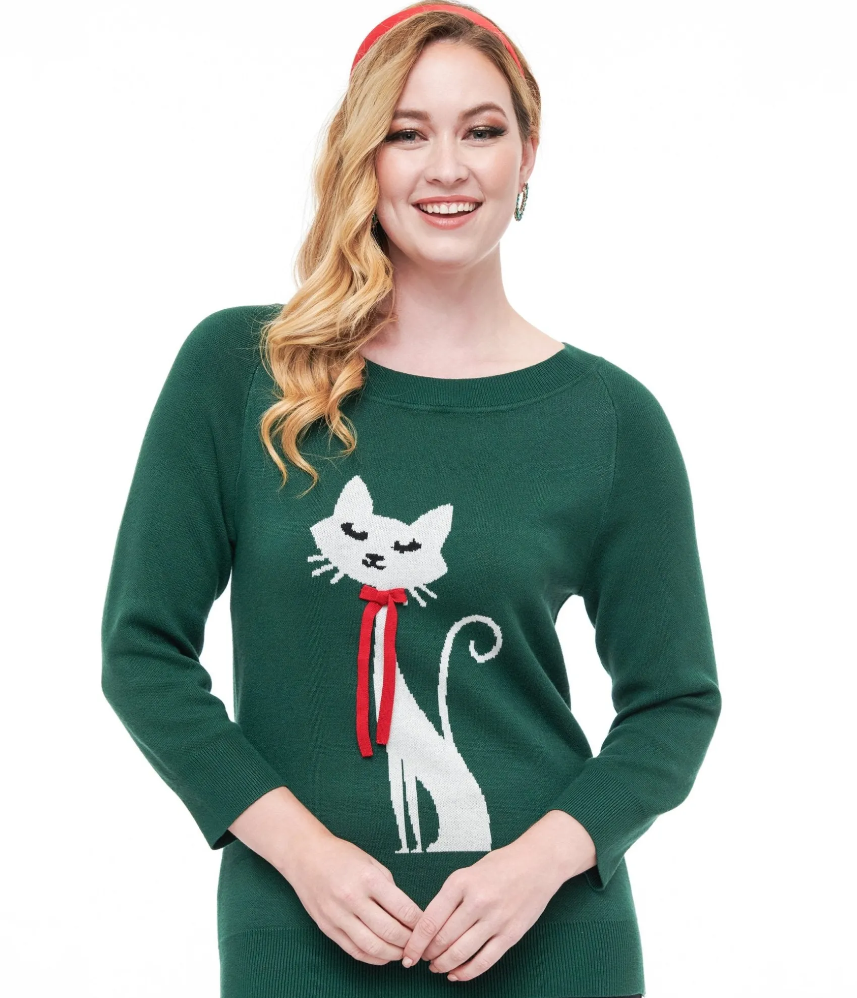 Unique Vintage 1960s Forest Green & Cream Cat Lorelai Sweater Store