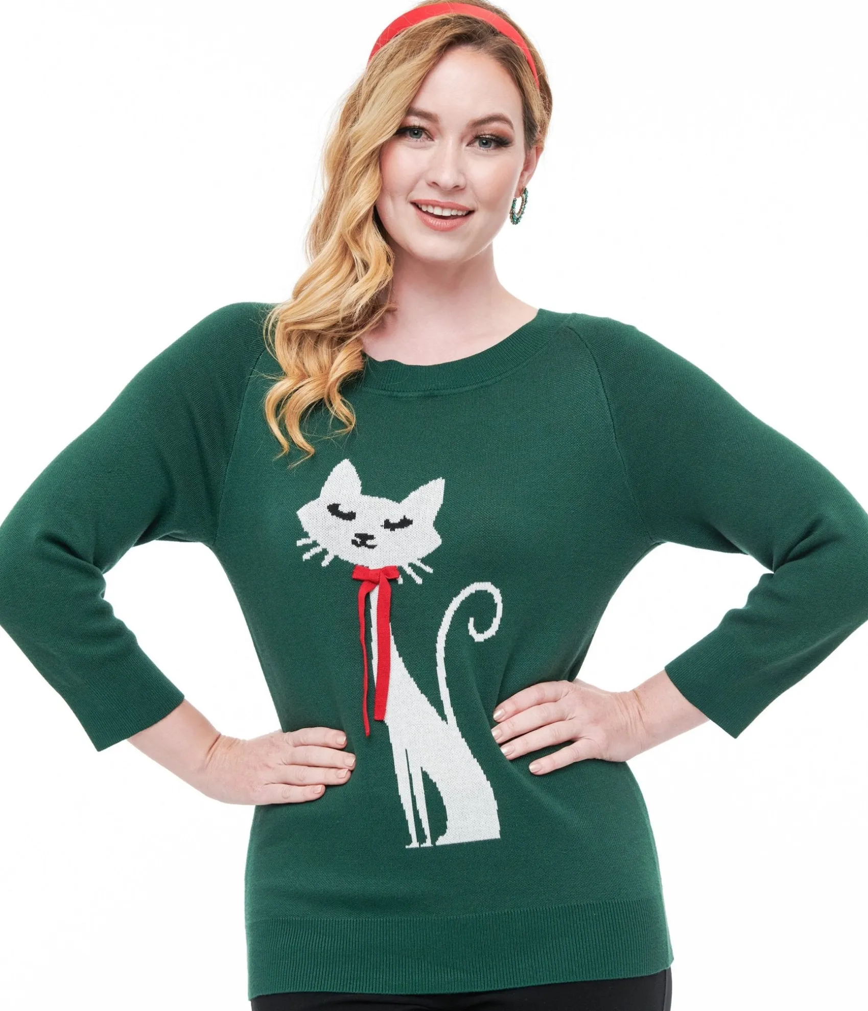 Unique Vintage 1960s Forest Green & Cream Cat Lorelai Sweater Store
