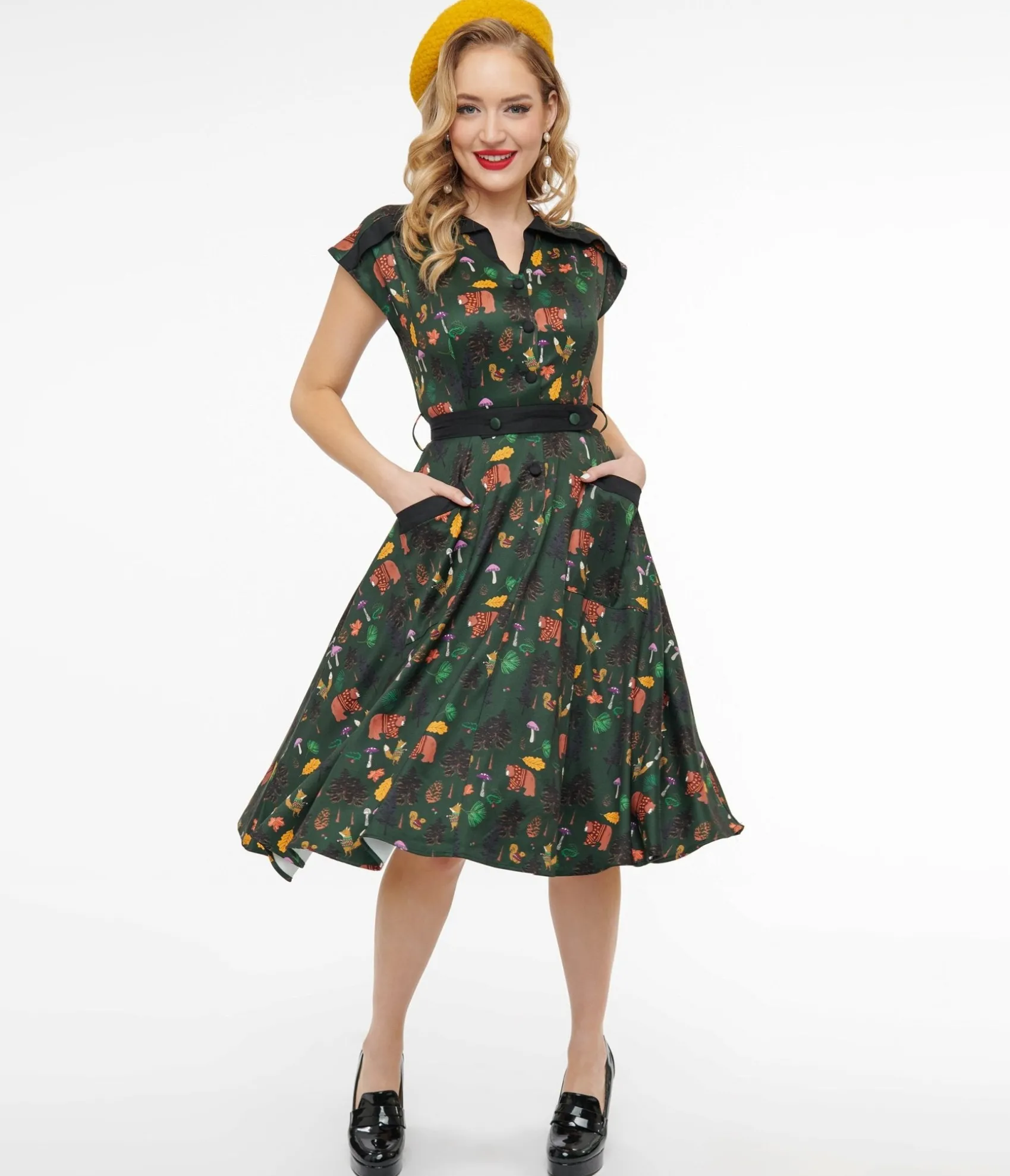 Unique Vintage 1940s Forest Green Woodland Creature Hedda Swing Dress Flash Sale