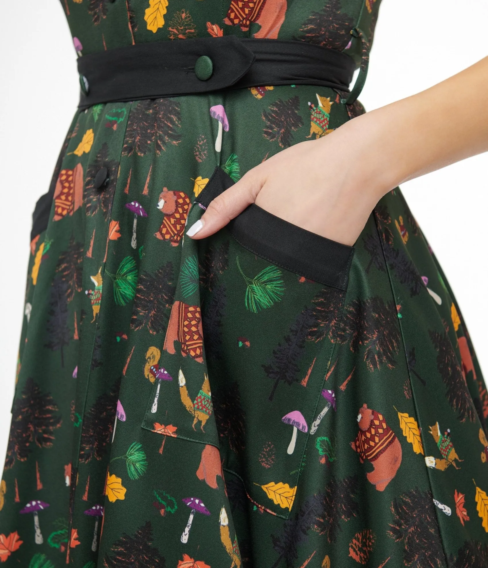 Unique Vintage 1940s Forest Green Woodland Creature Hedda Swing Dress Flash Sale