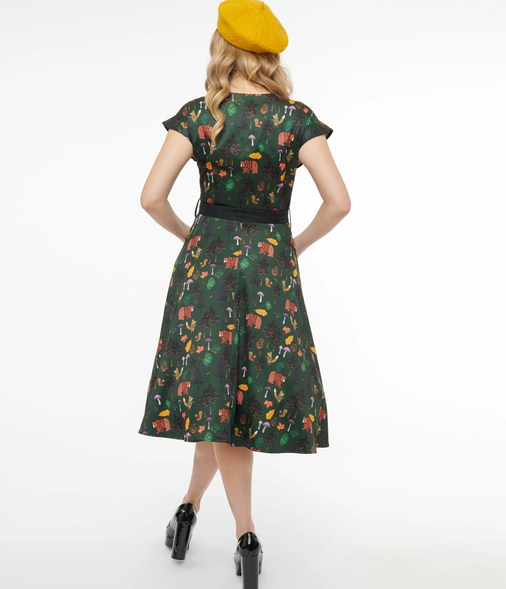 Unique Vintage 1940s Forest Green Woodland Creature Hedda Swing Dress Flash Sale