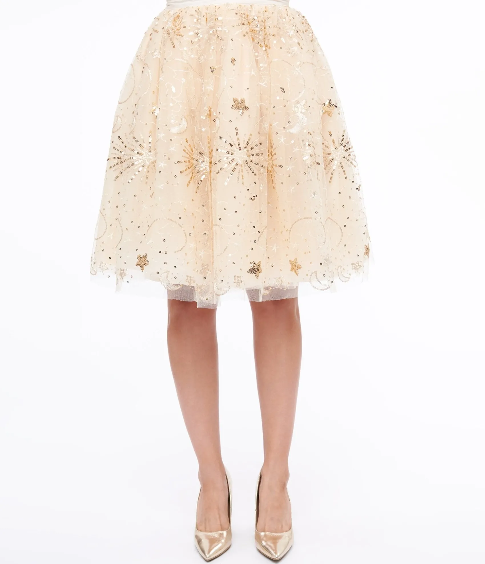 Unique Vintage 1950s Gold Glitter Celestial Tulle Sweetie Pie Flare Skirt Hot