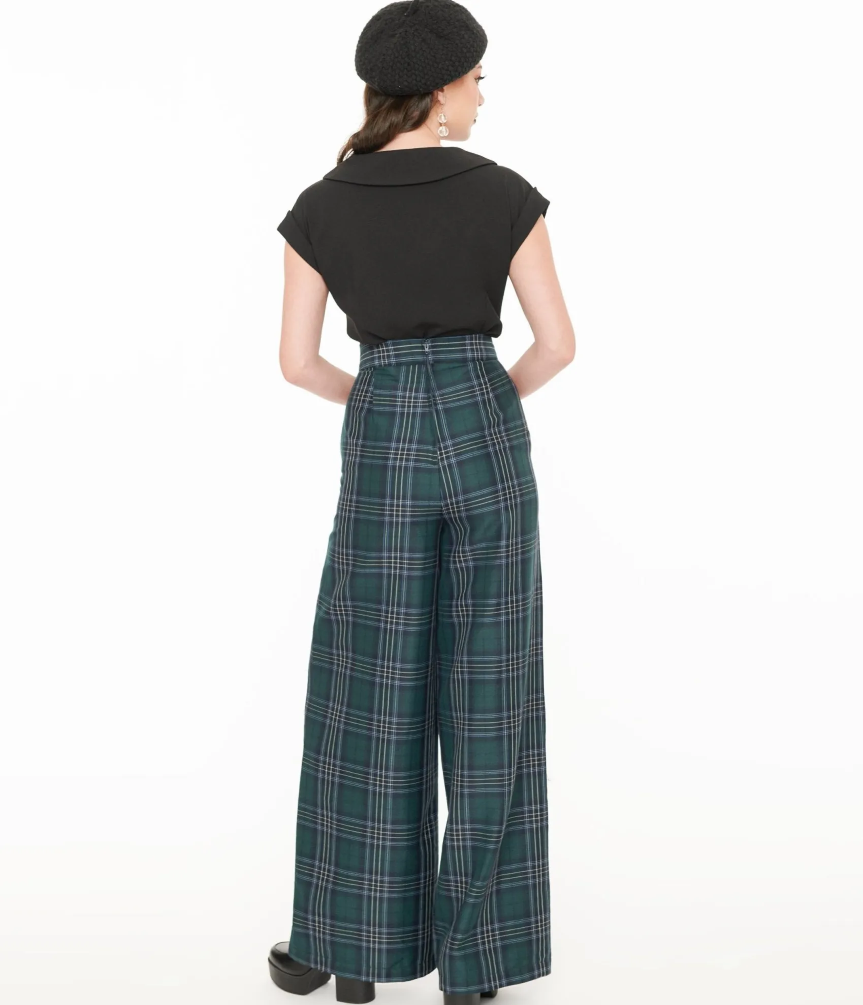 Unique Vintage 1940s Green & Black Plaid High Waist Pants Fashion