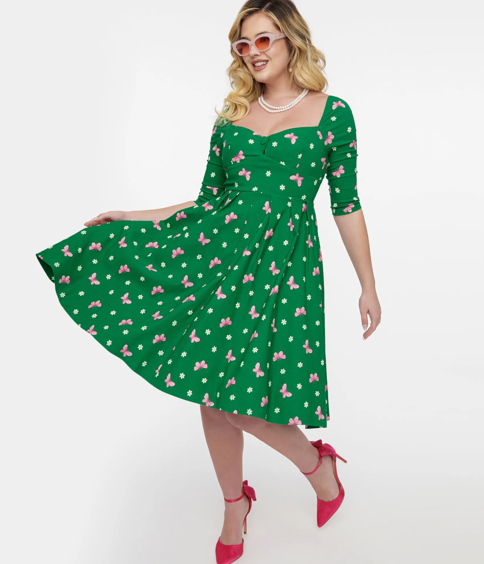 Unique Vintage 1950s Green & Butterfly Stamp Print Lamar Swing Dress Clearance