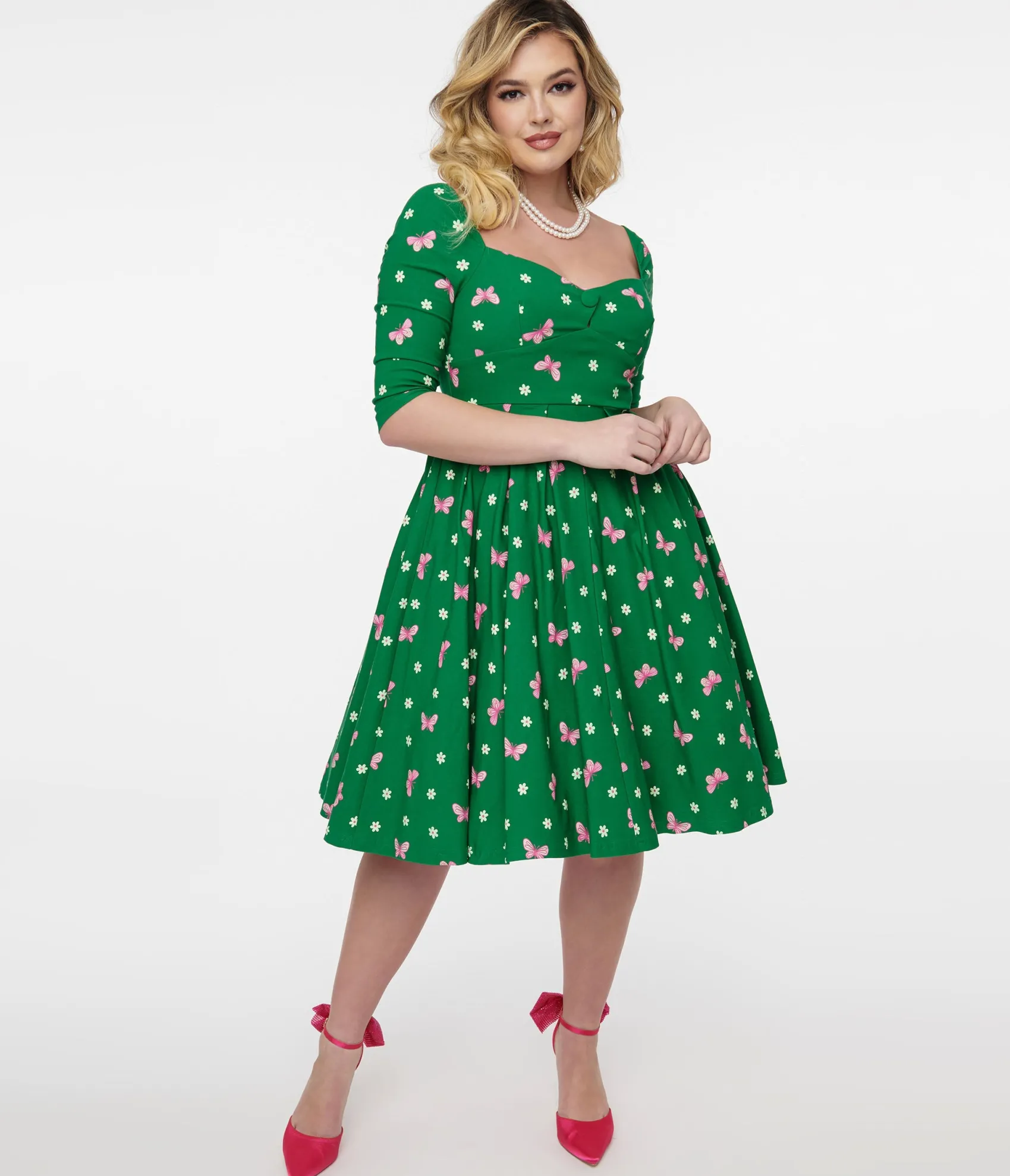 Unique Vintage 1950s Green & Butterfly Stamp Print Lamar Swing Dress Clearance