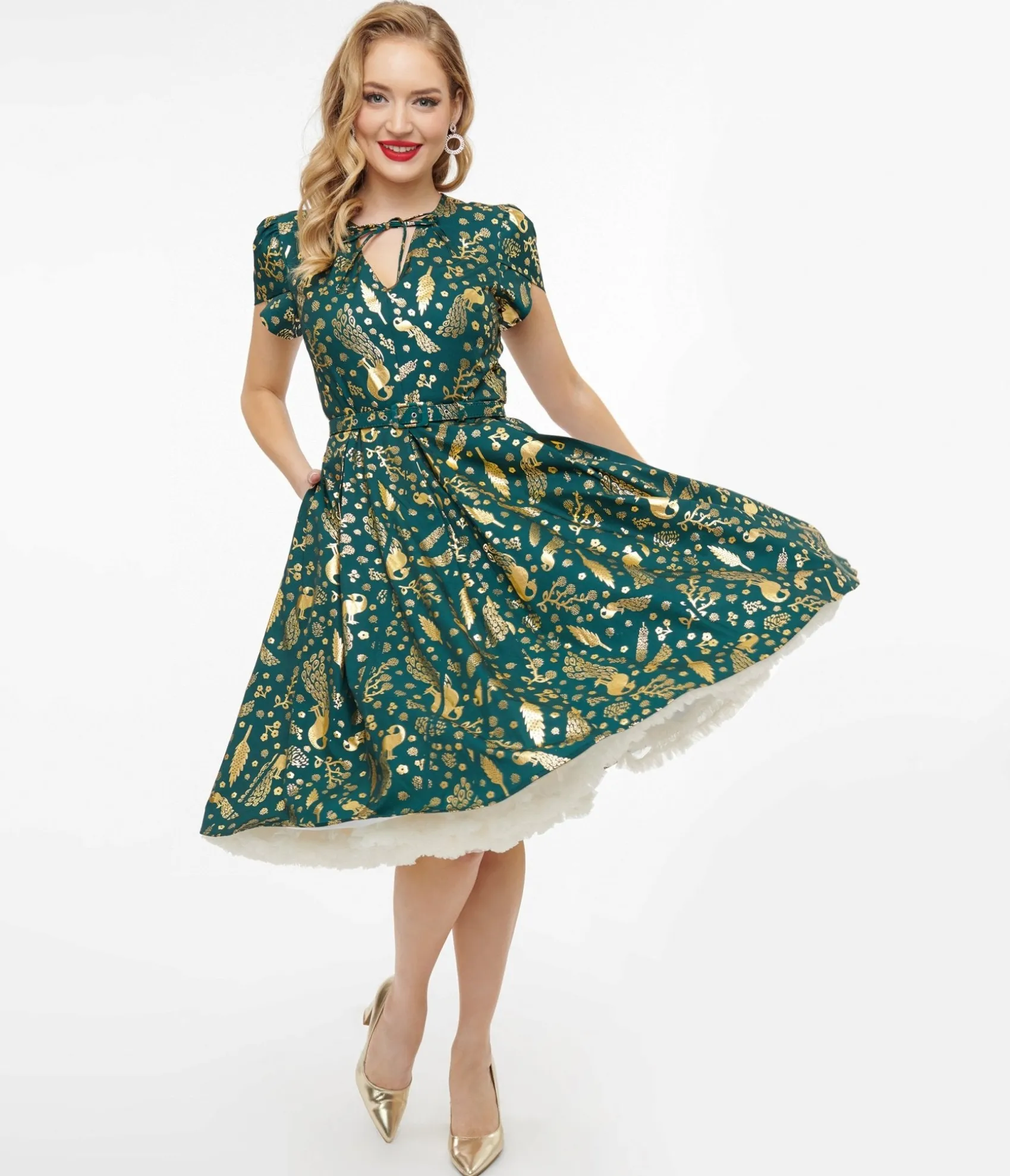 Unique Vintage 1940s Green & Gold Peacock Print Dahlia Swing Dress Best